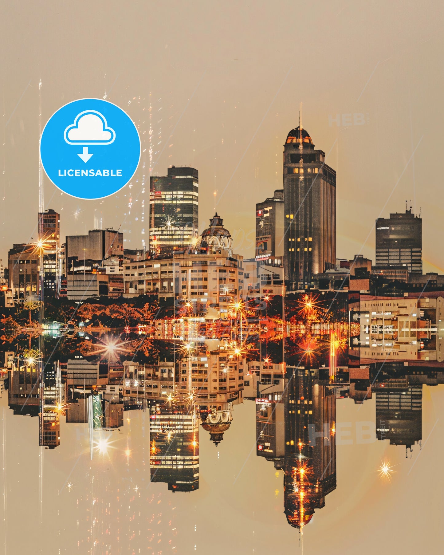 Betim City Skyline Double Exposure Poster Art - A city skyline with lights reflecting on water