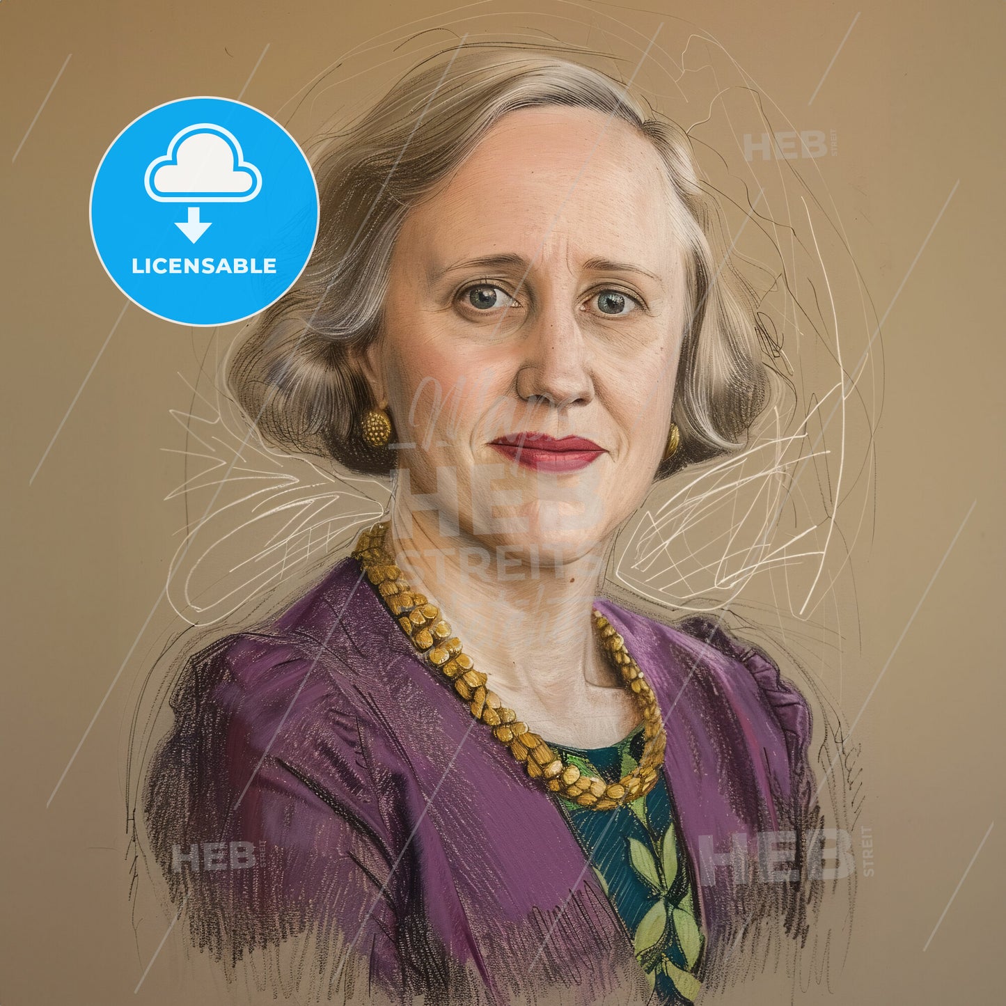 Betty Lank, 1921 - 2008, American anesthesiologist - A Woman With A Purple Dress And Gold Necklace