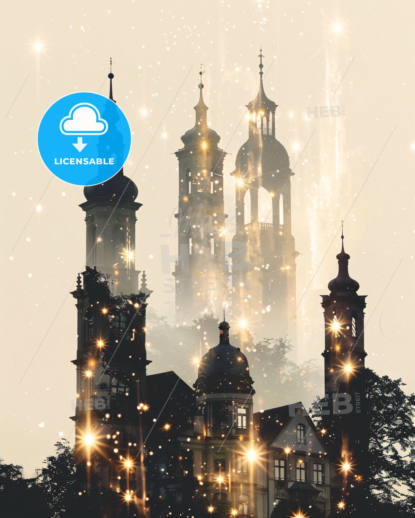 Bielefeld Skyline Poster Art -Beige Silhouette Sparkles - A building with towers and lights