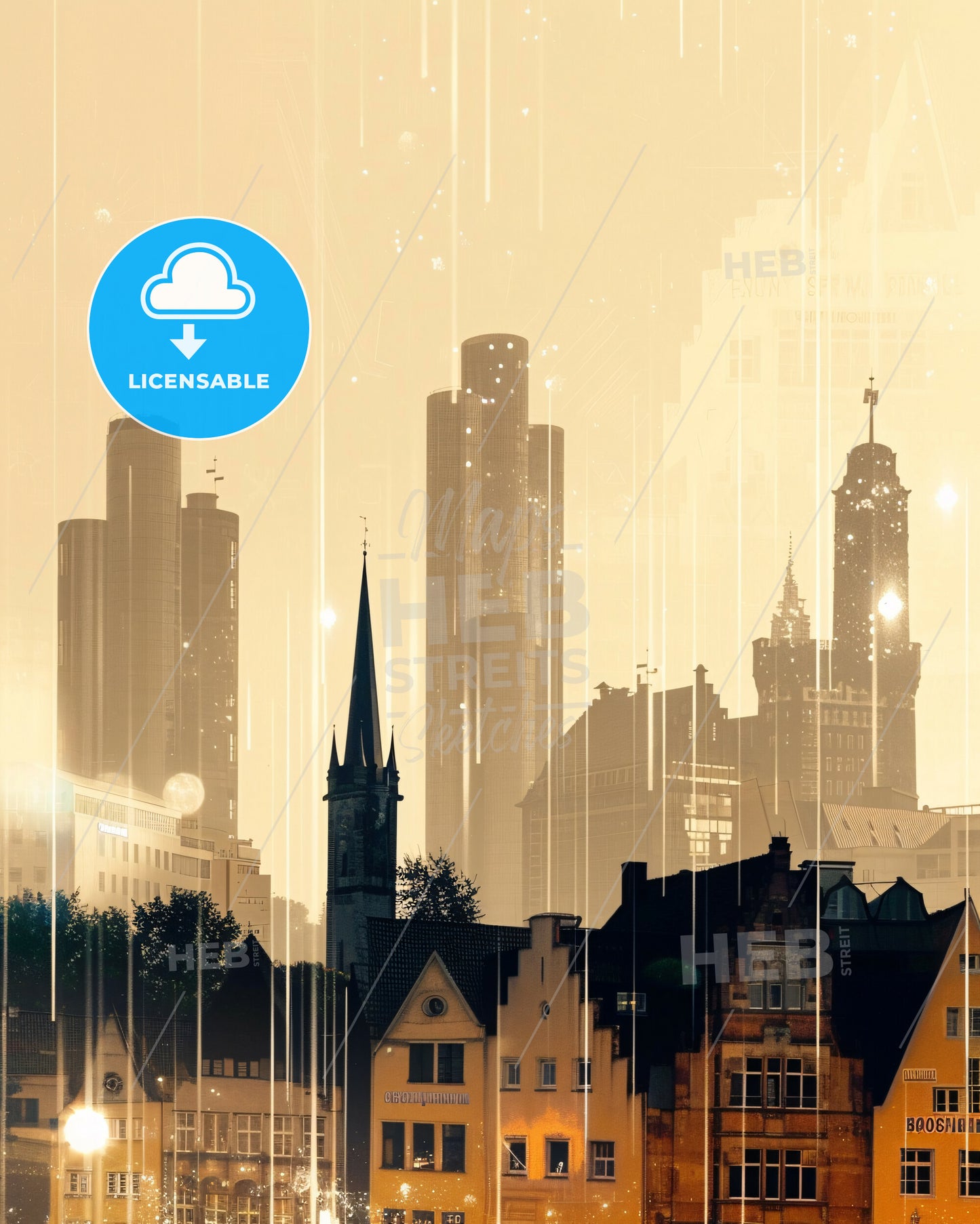 Bochum City Skyline Beige Silhouette Sparkles Poster - A city skyline with buildings and rain