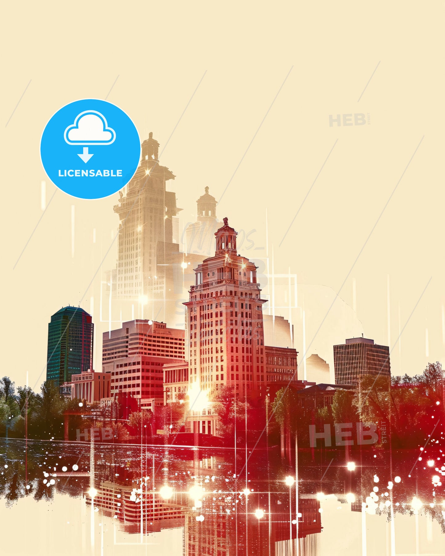 Boise City Skyline Art Deco Poster - A city skyline with trees and buildings