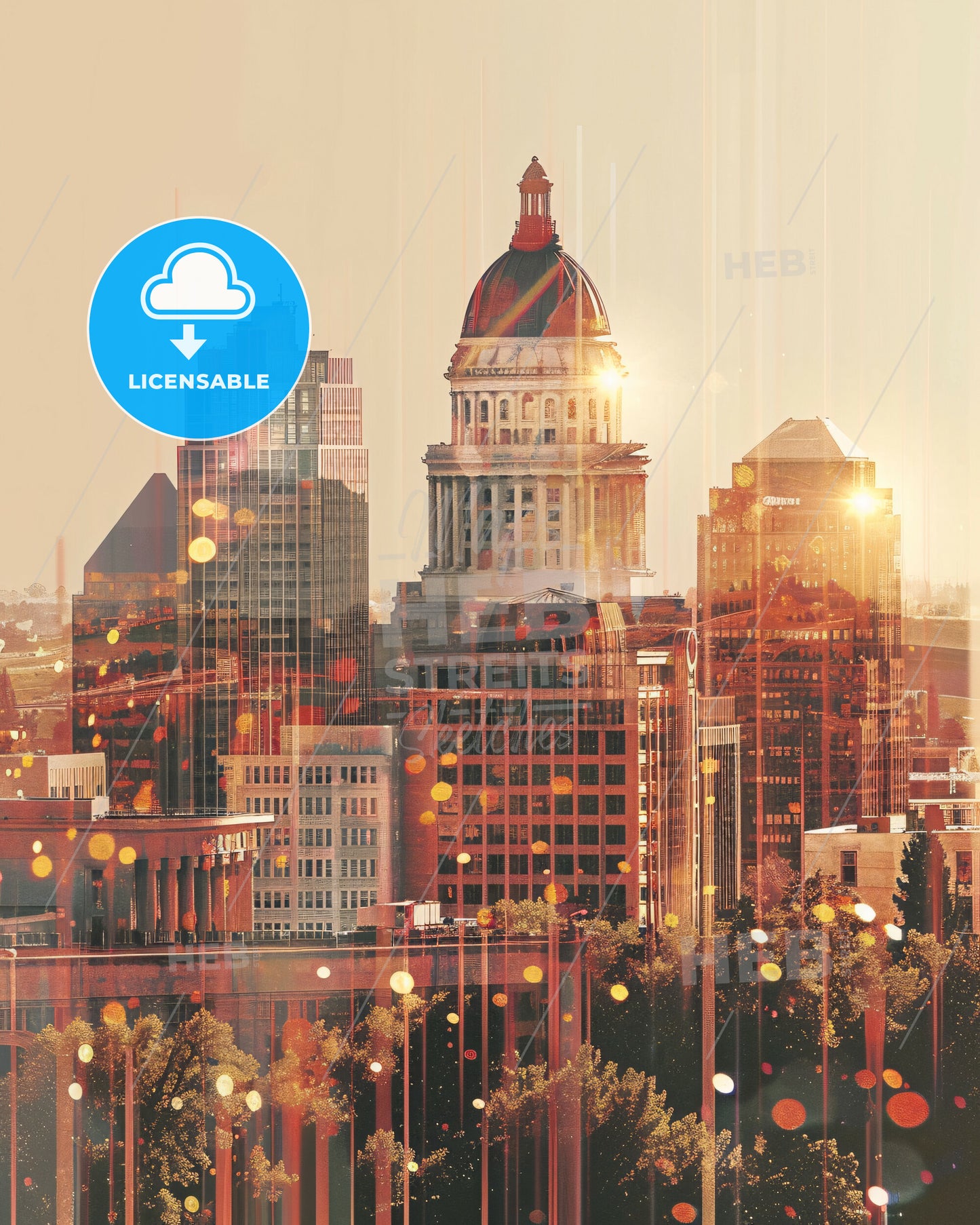 Boise Idaho City LIGHTS and ARCHITECTURE Art - A city skyline with a dome and trees