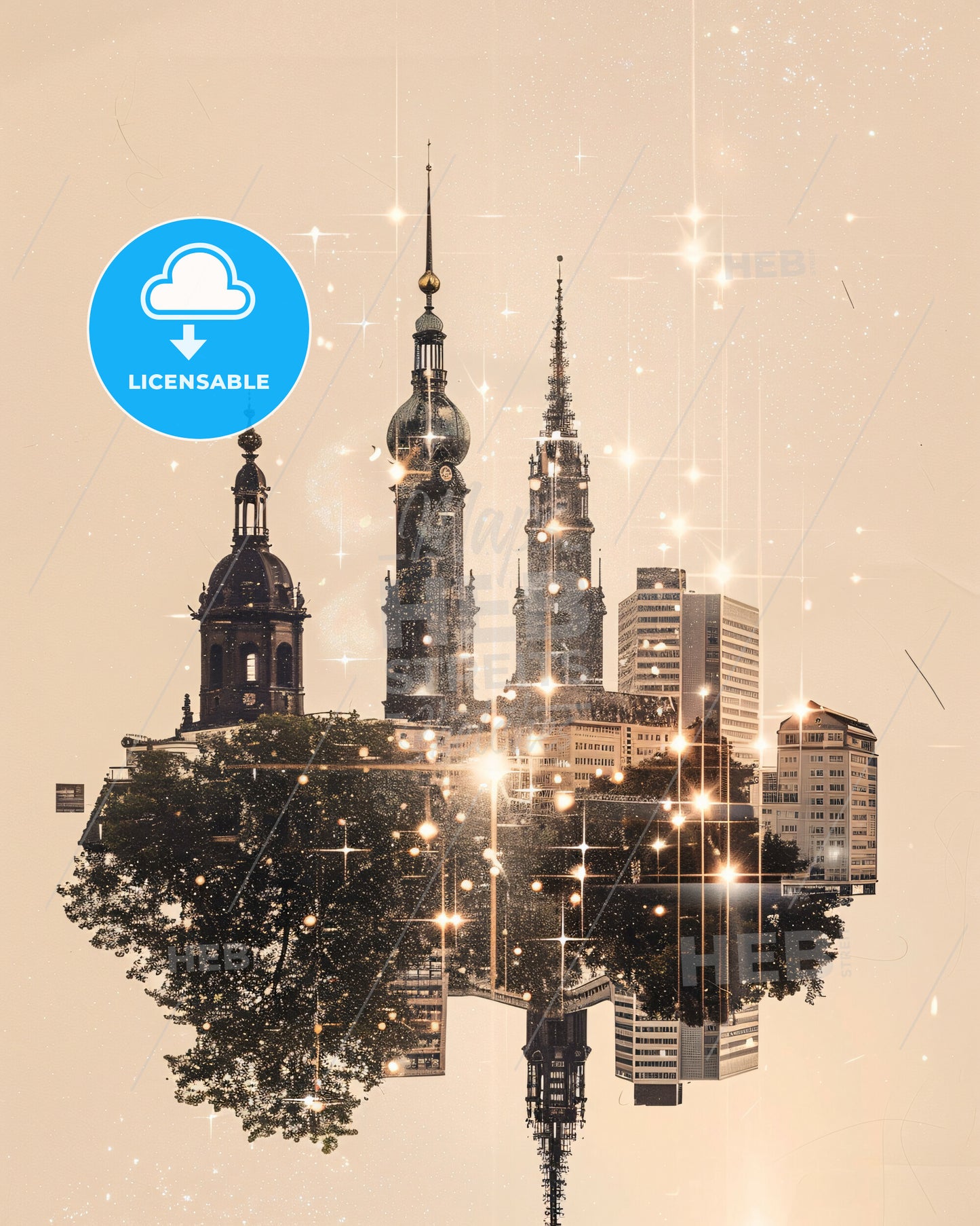 Bonn Skyline Composite Art on Beige - A city with many towers and trees