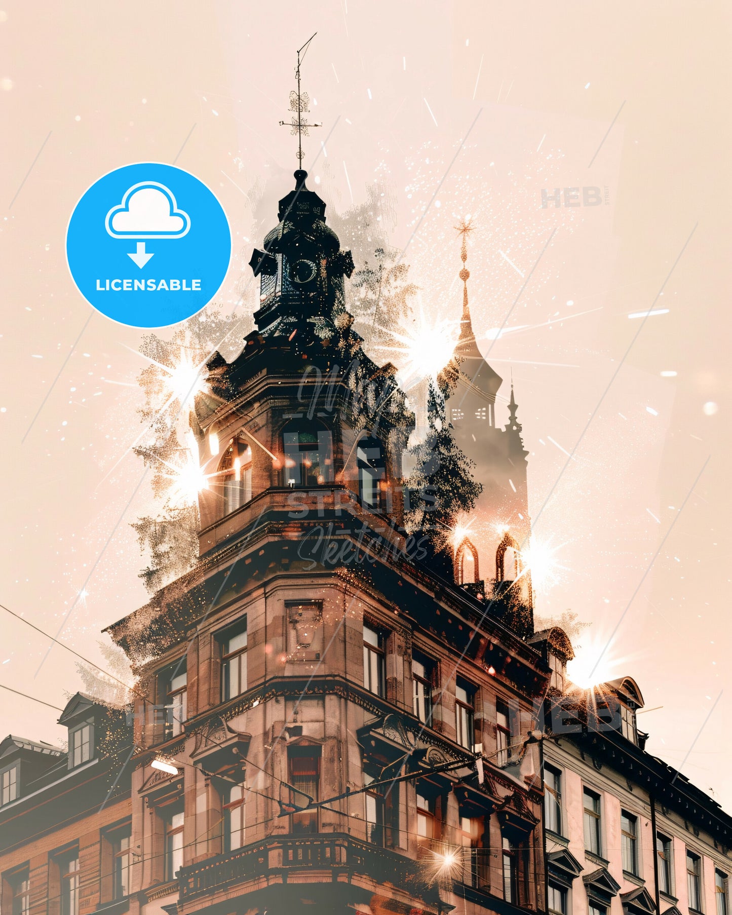 Borlange City Skyline Double Exposure Art Poster - A building with a clock tower
