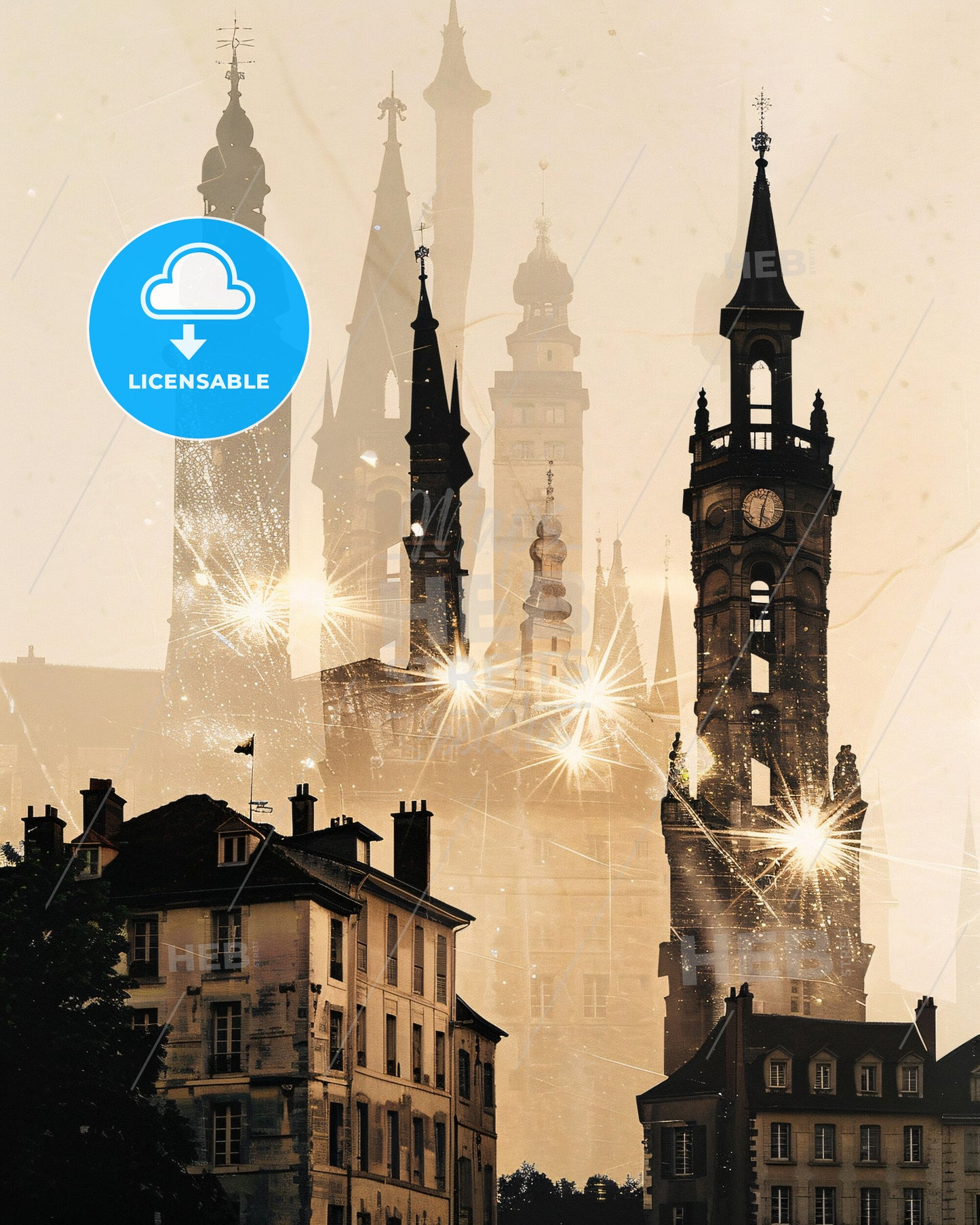 Bourges Skyline Composite Art Double Exposure - A group of buildings with a clock tower and fireworks