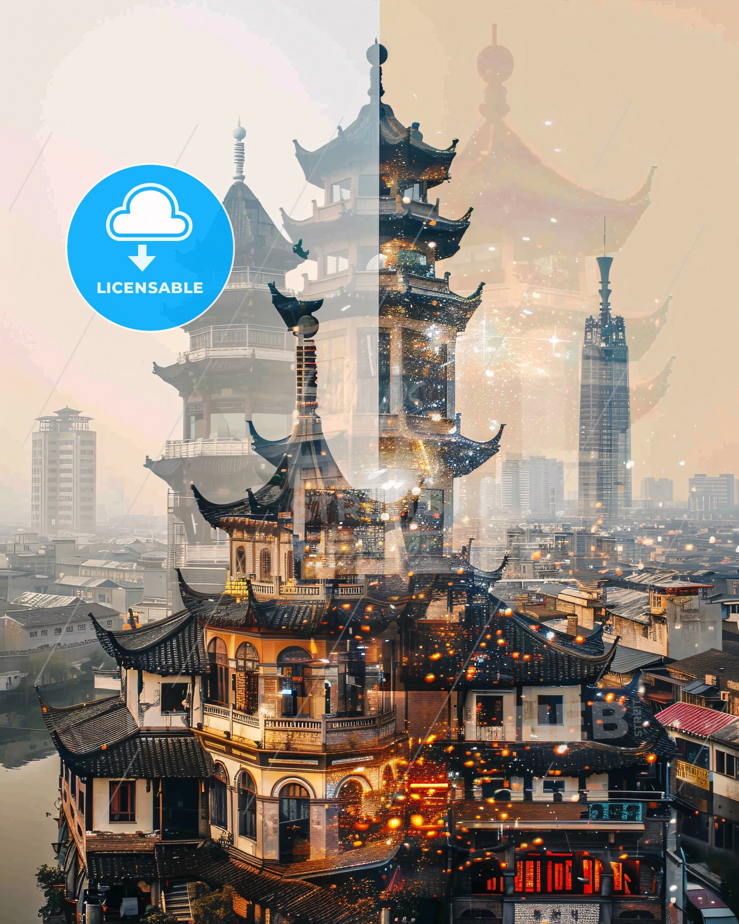 Bozhou Skyline Composite Art, Bright Beige - A double exposure of a city