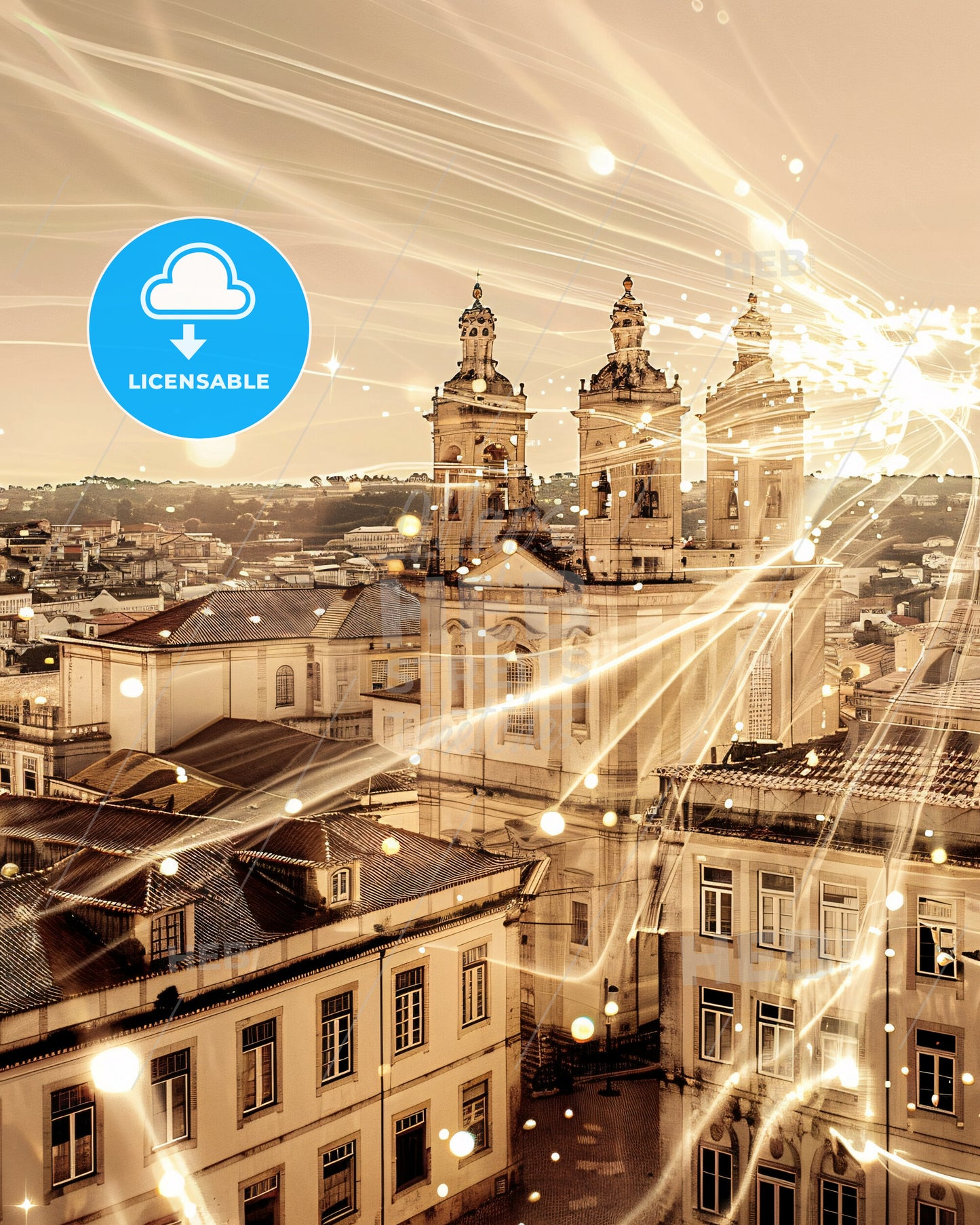 Braga City Skyline Double Exposure Artistic Poster - A city with many lights