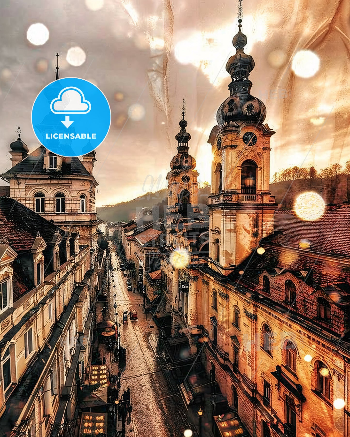 Brasov City Skyline Bright Composite Poster Art - A view of a street with buildings and a city in the background