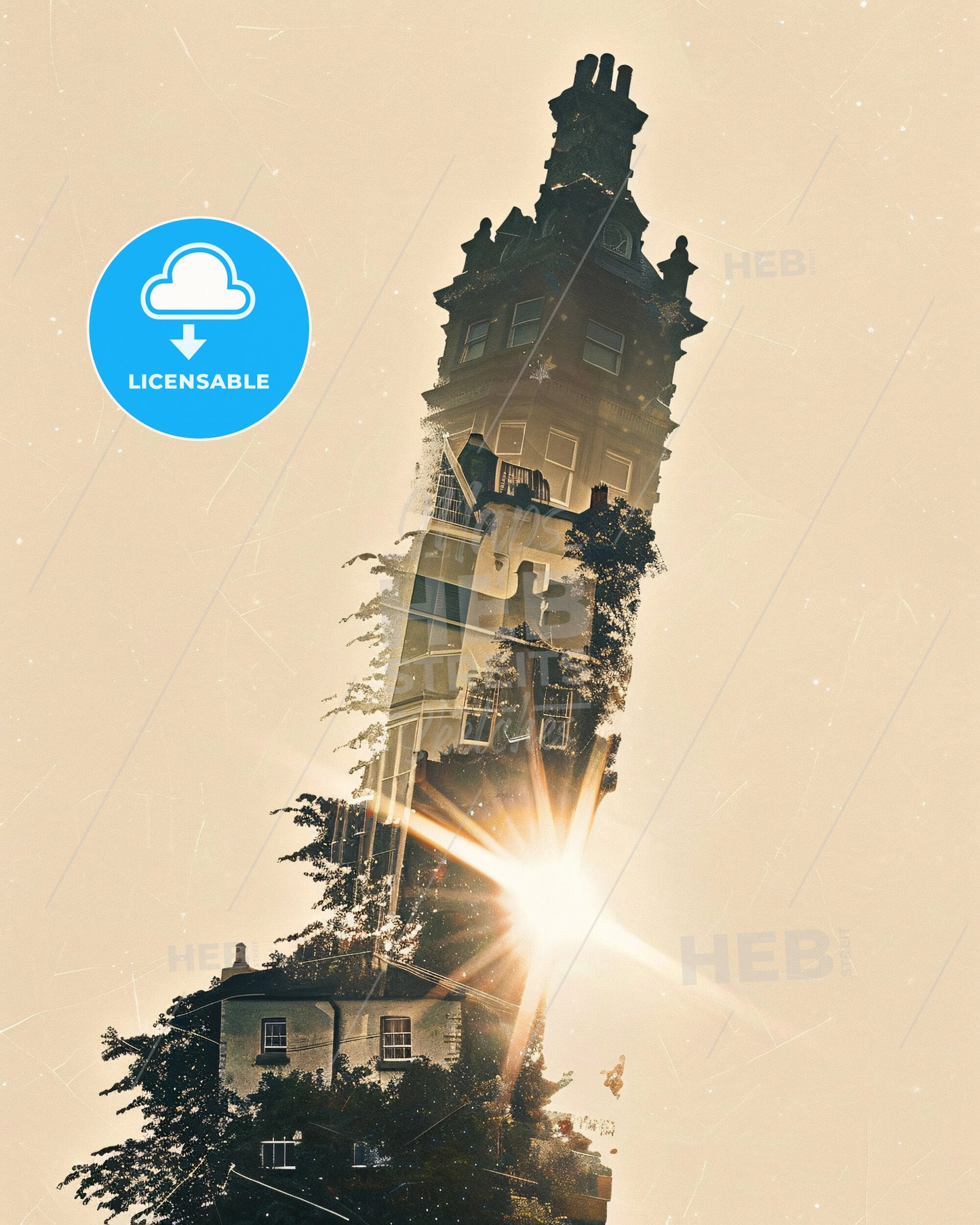 Bray Cityscape Silhouette Poster with Sparkles - A tall building with a tower and a building with a tree and a sun