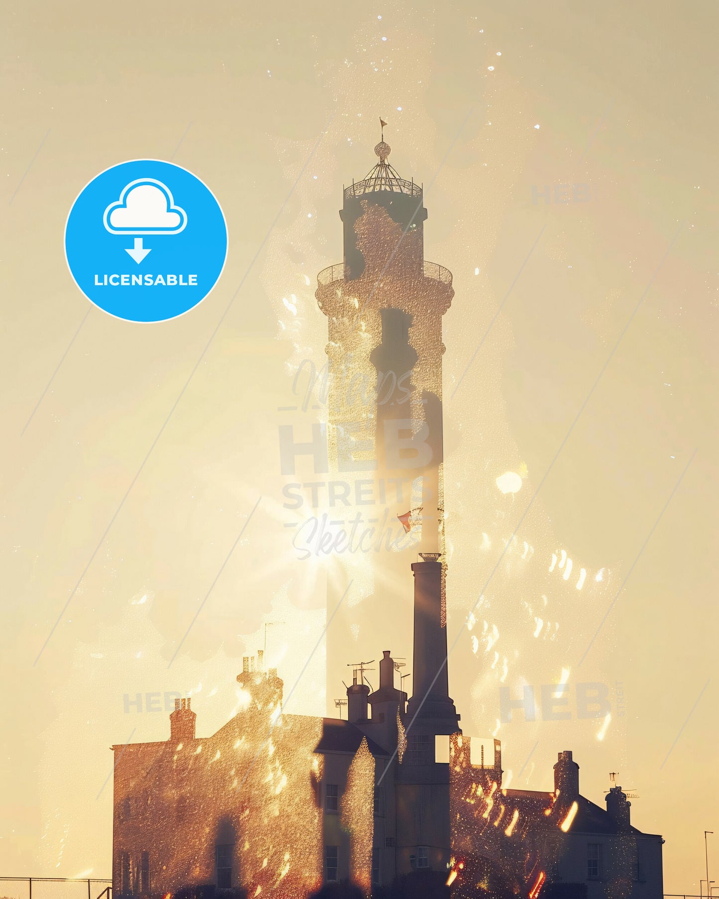 Bray Skyline Silhouette Poster Art with Sparkles - A building with a tower