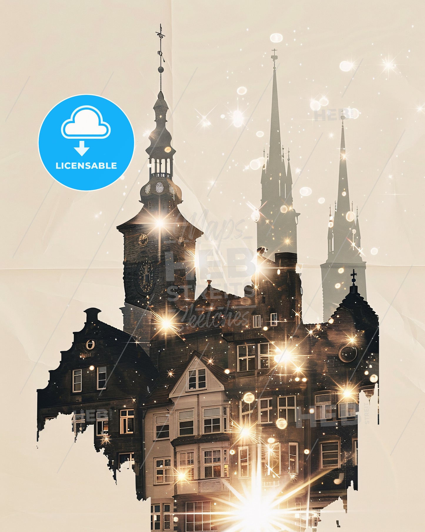 Bremen Skyline Double Exposure Composite Art - A building with a tower and a spire