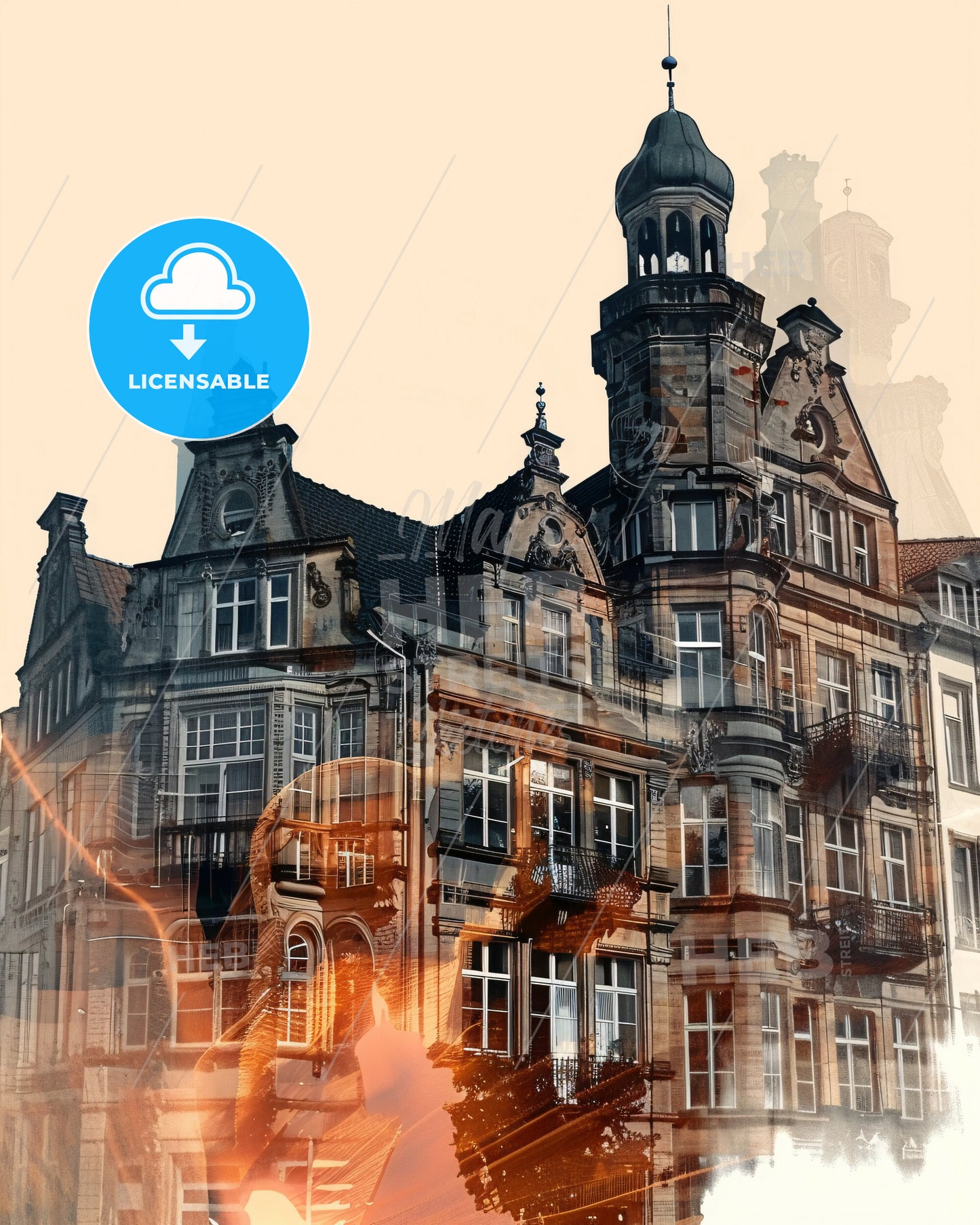 Bremen Skyline Double Exposure Composite Art Poster - A building with a tower and a fire