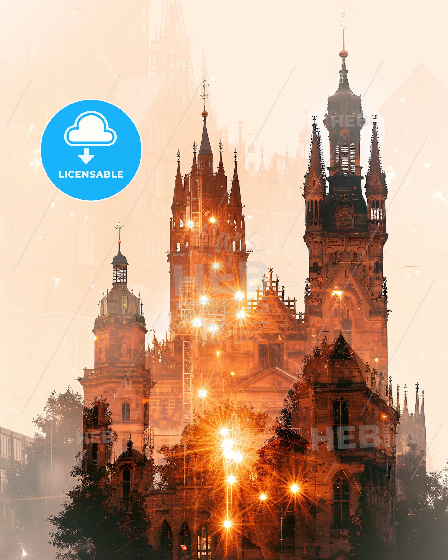 Bremen Skyline Dreamy Pastel Contrast - A large building with towers and spires