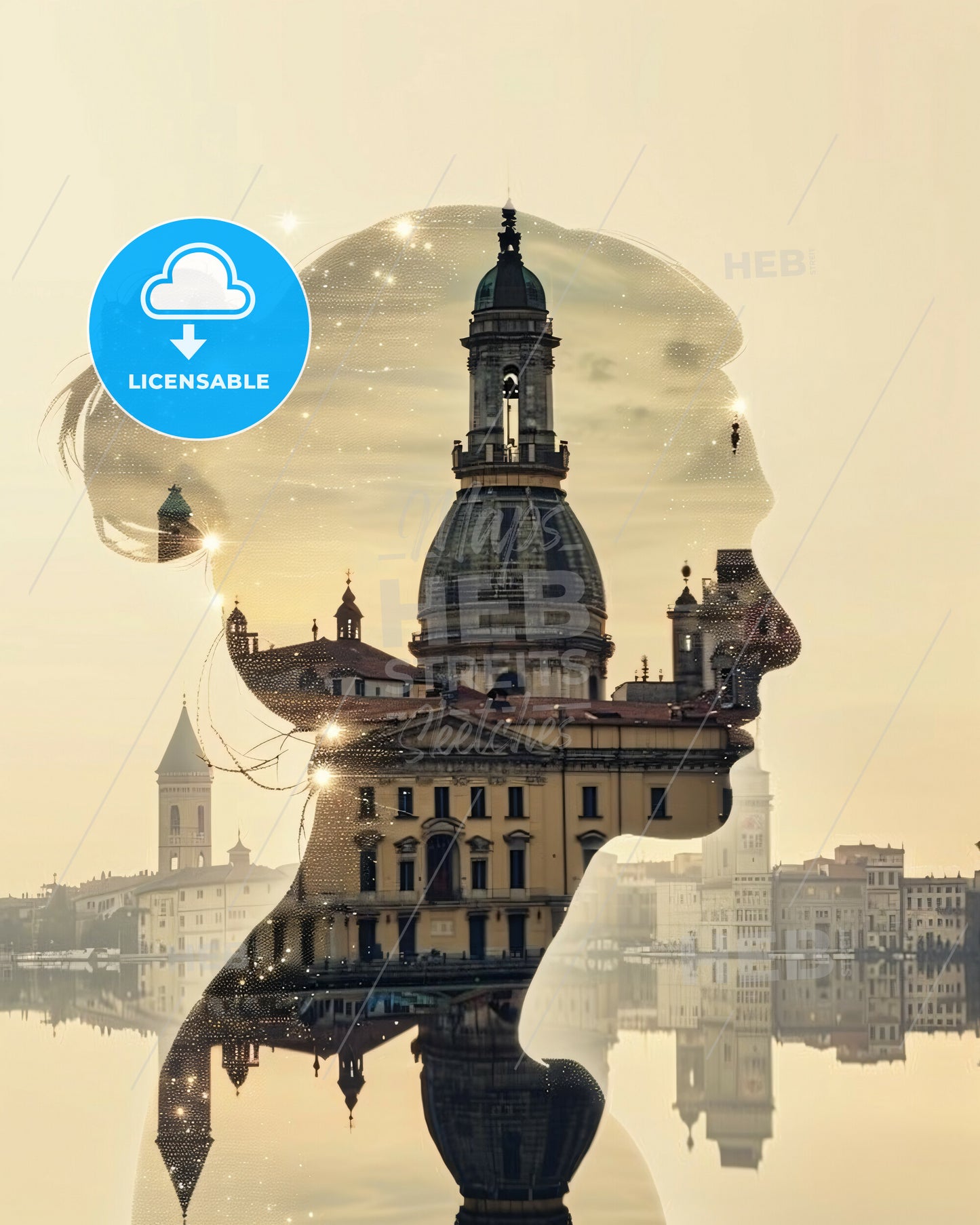 Brescia Cityscape: Timeless Architecture in Beige - A double exposure of a woman's head and a building