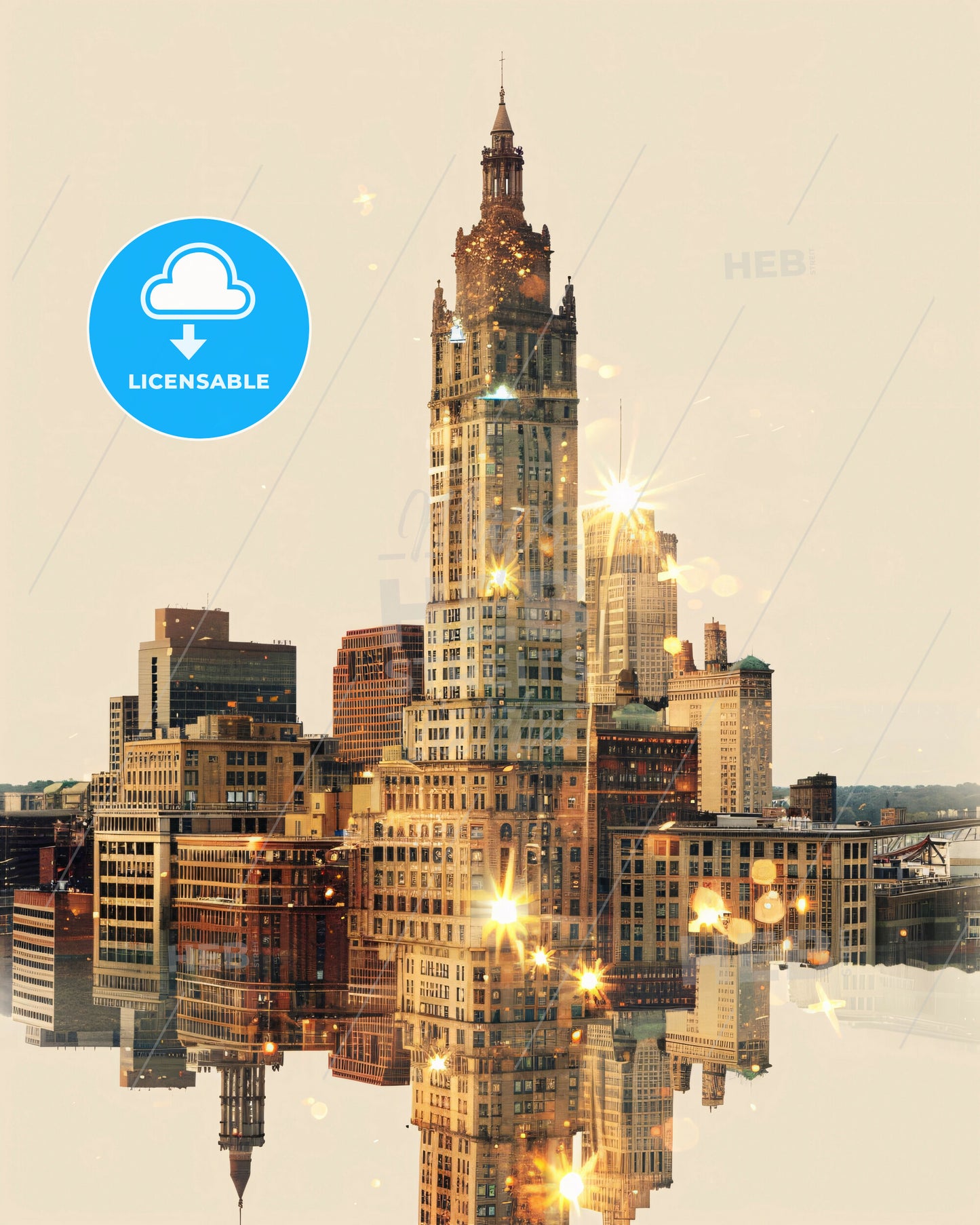 Bridgeport City Lights Poster Art Panorama - A city skyline with a tall tower