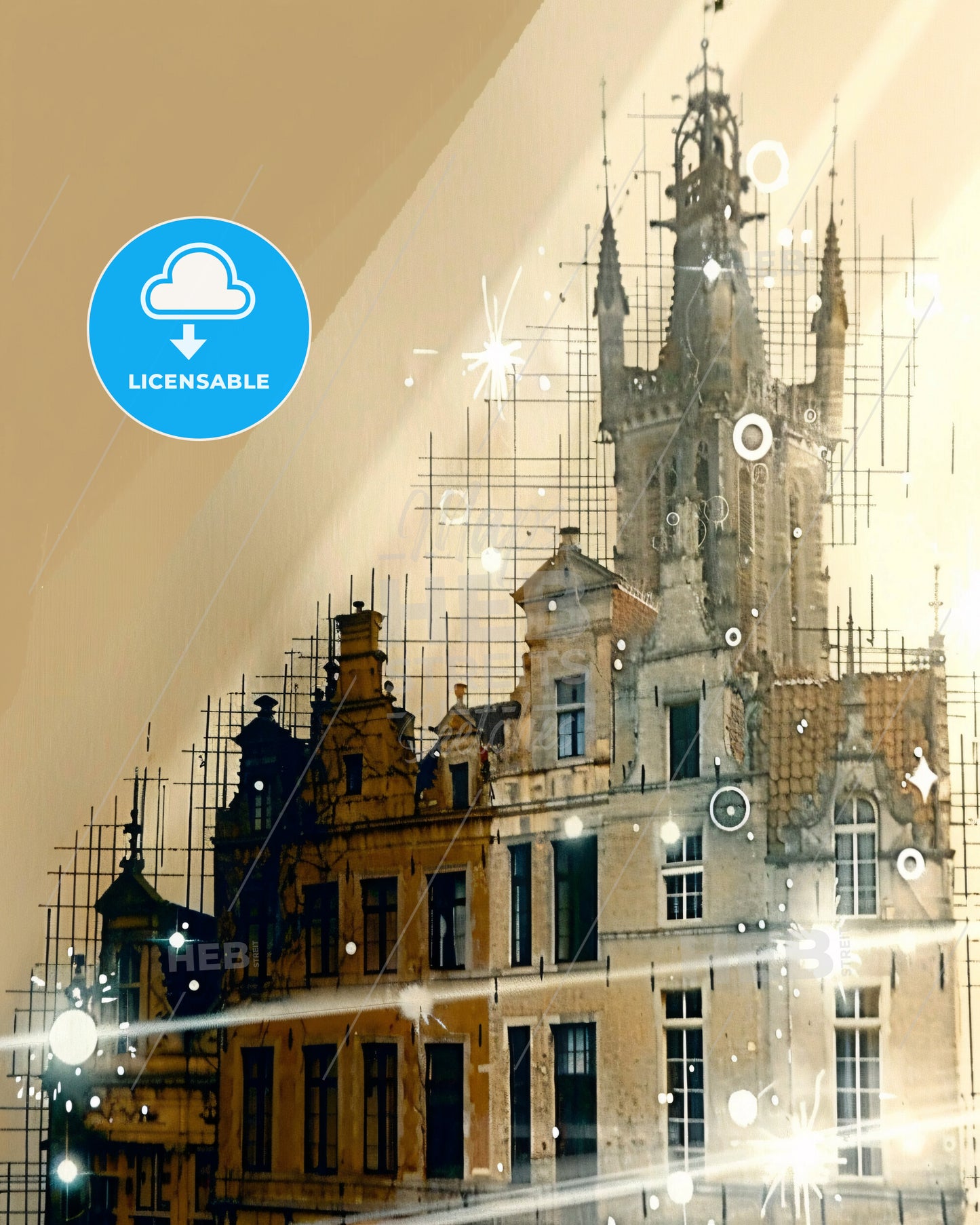 Bruges Double Exposure Skyline Artwork Poster - A building with a tower