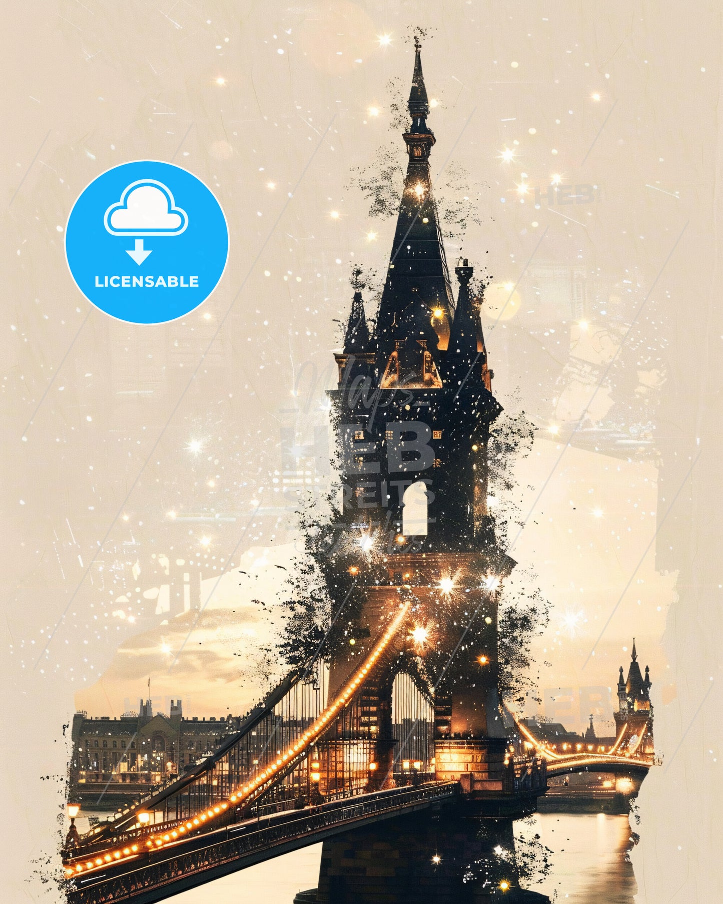 Budapest Skyline Double Exposure Composite Art - A bridge with a tower and a city in the background