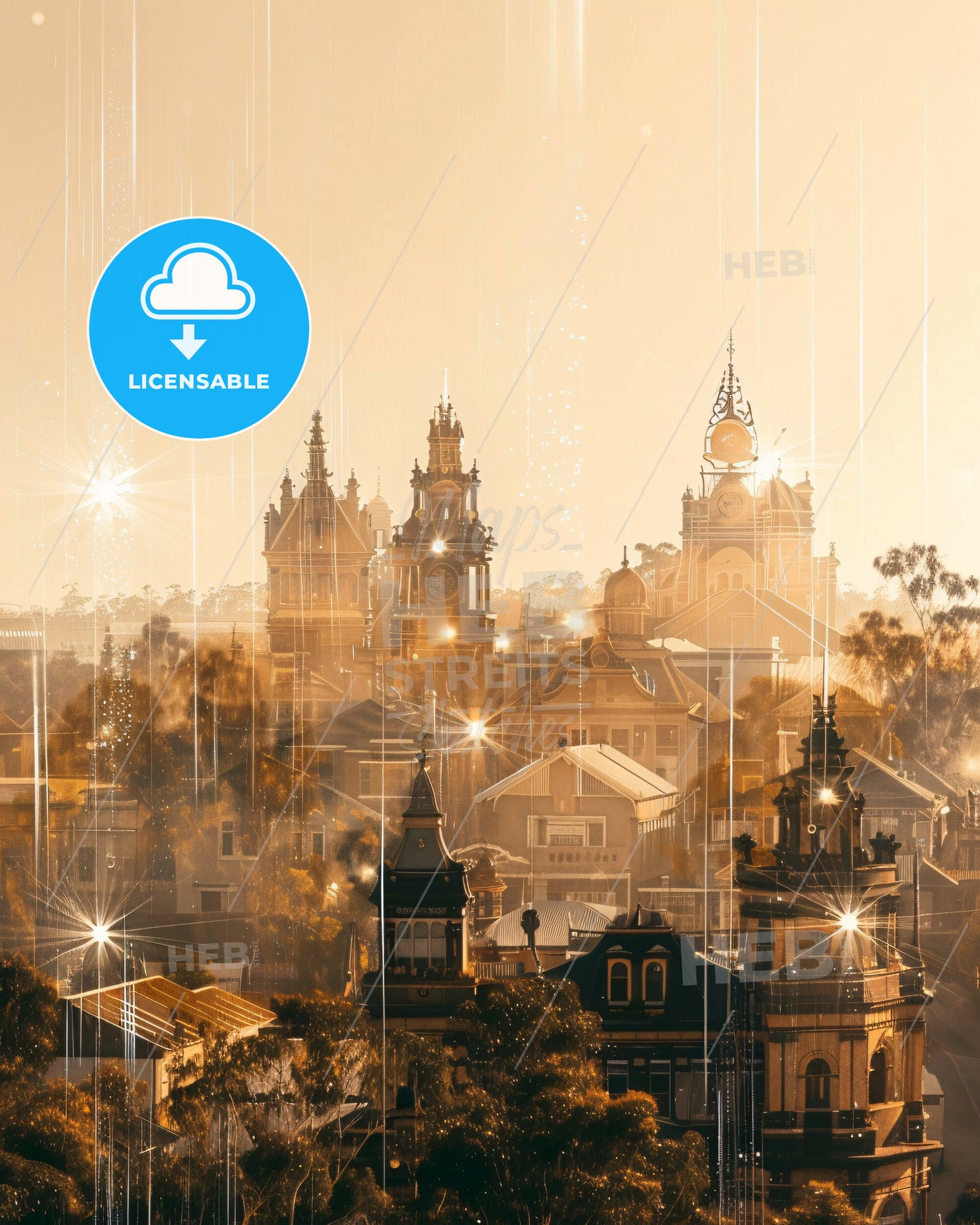 Bunbury Skyline Art: Double Exposure Cityscape - A city with many towers and trees