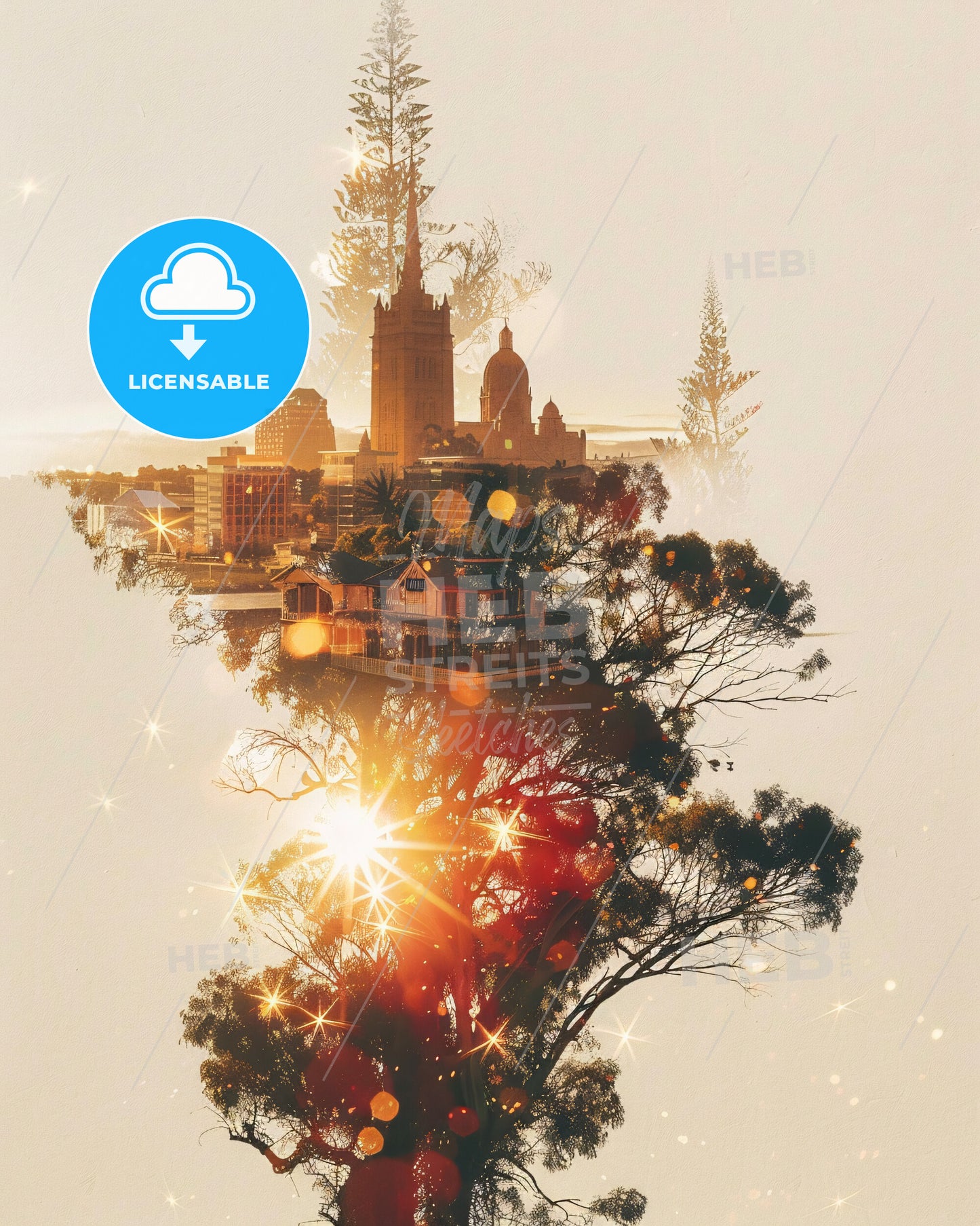 Bunbury City Skylines Double Exposure - A tree with a building and a building in the background