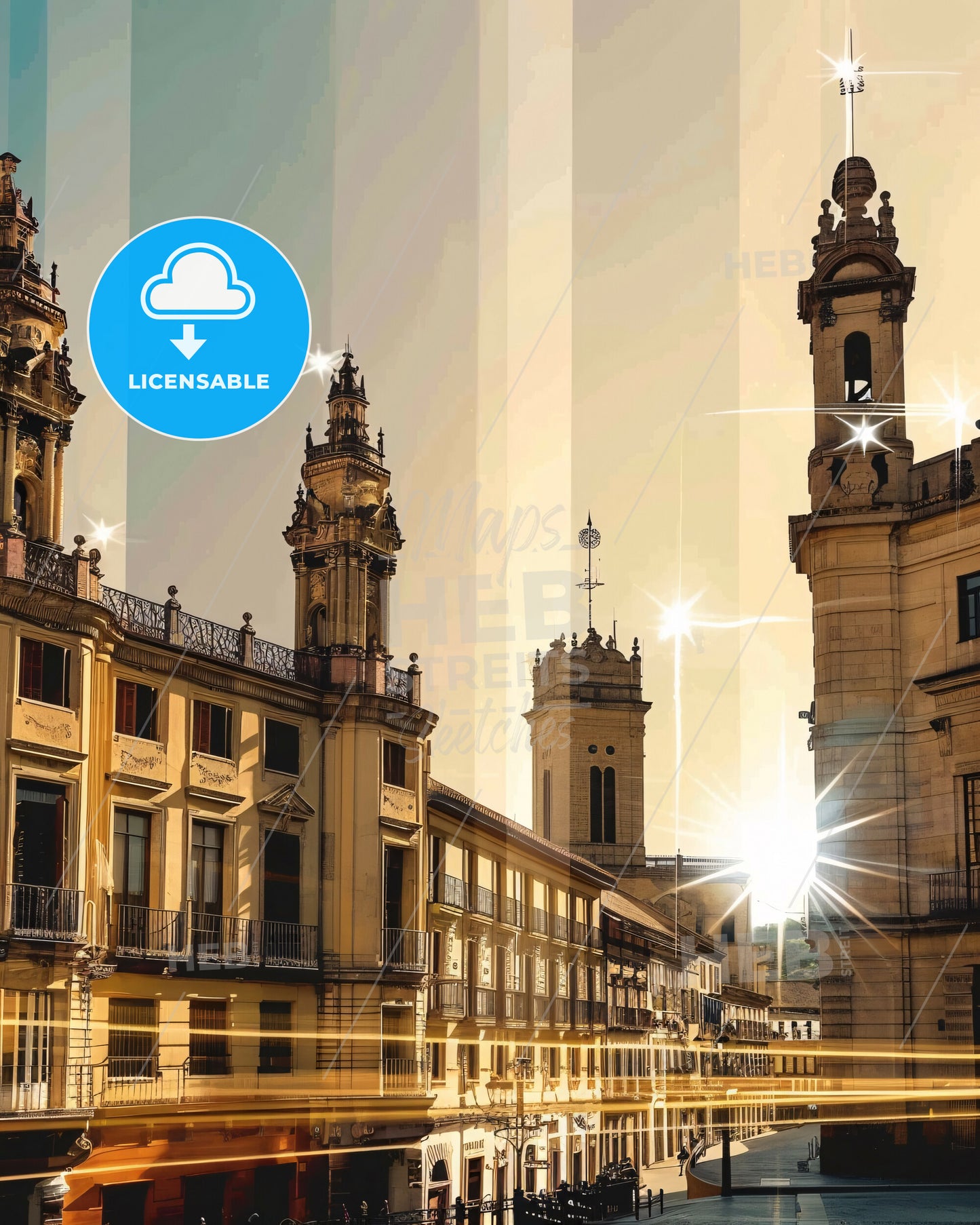 Burgos Skyline Composite Art Cityscape Poster - A building with towers and a street with a light shining through