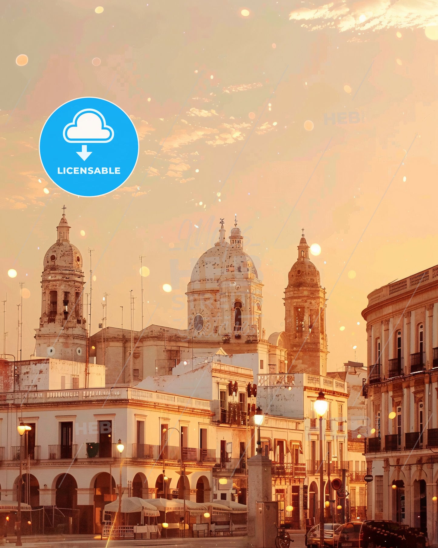 Cadiz City Icons: Double Exposure Art Poster - A building with domes and a street light