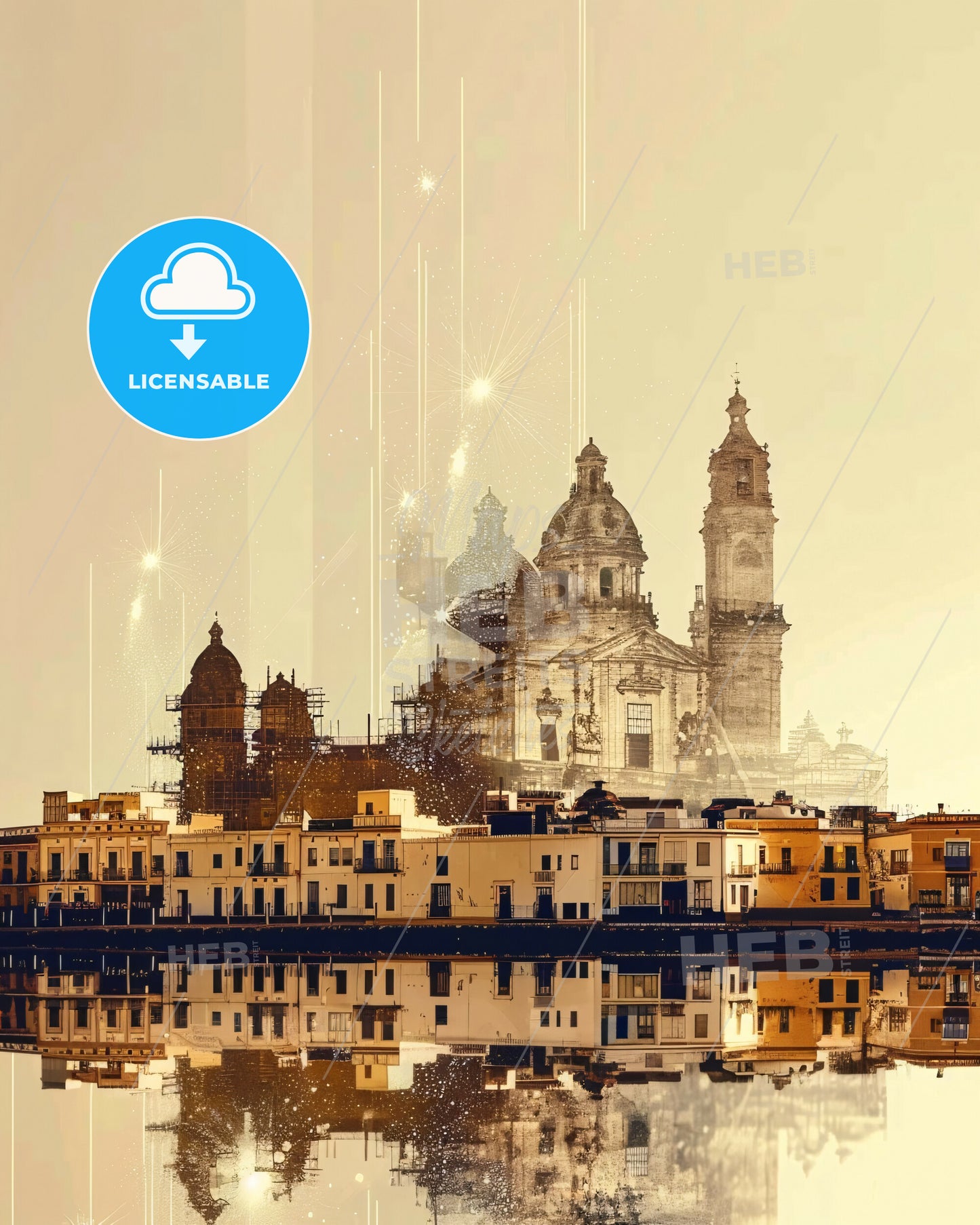 Cadiz City Skyline Double Exposure Poster Art - A building next to a body of water