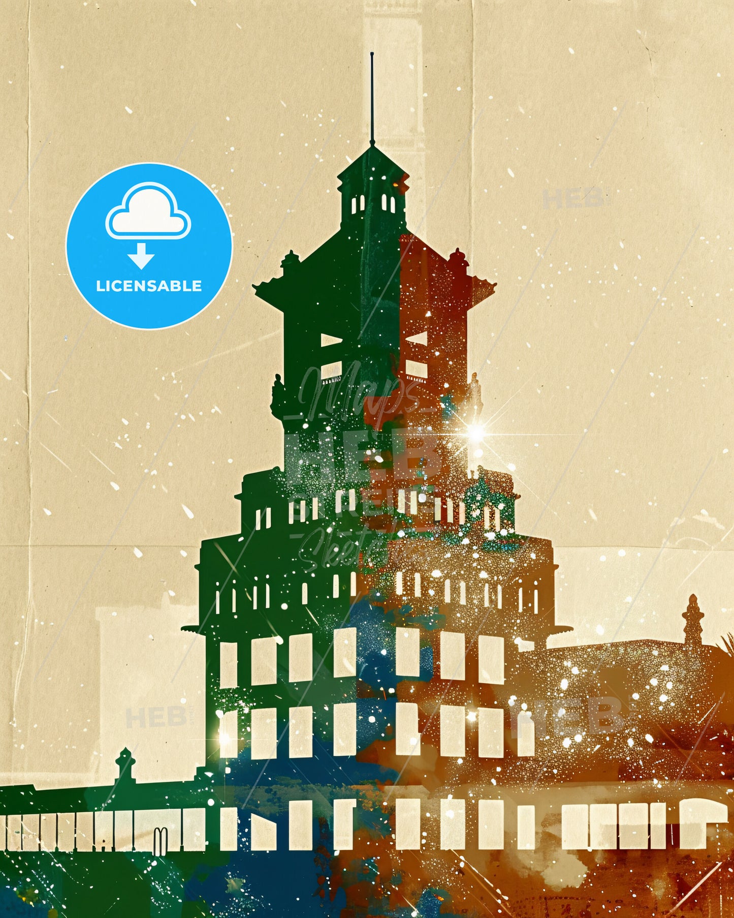 Cairns Cityscape Art Deco Poster - A building with a tower