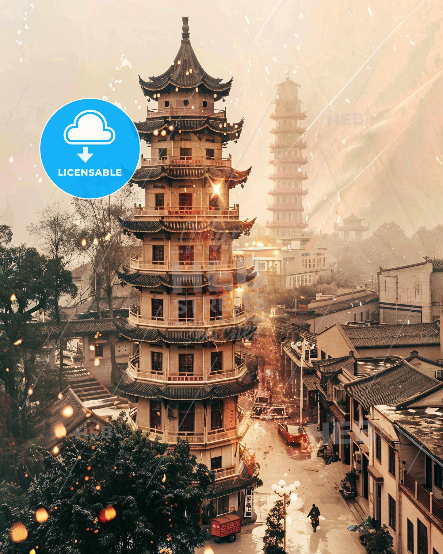 Changde Cityscape Double Exposure Art Decor - A tall building with a tower in the middle