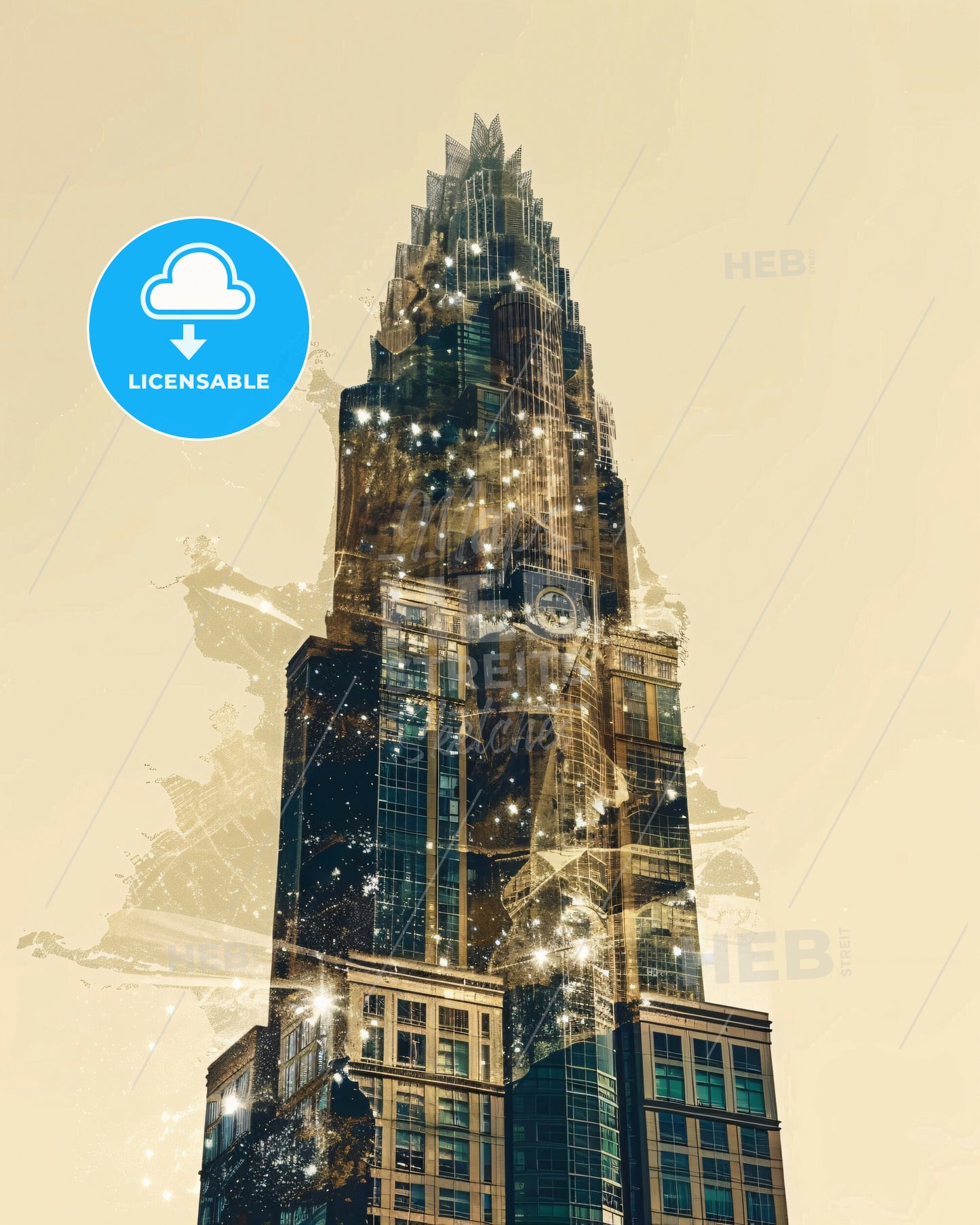 Charlotte: Skyline Icon Collage, Bright Beige - A tall building with a clock tower