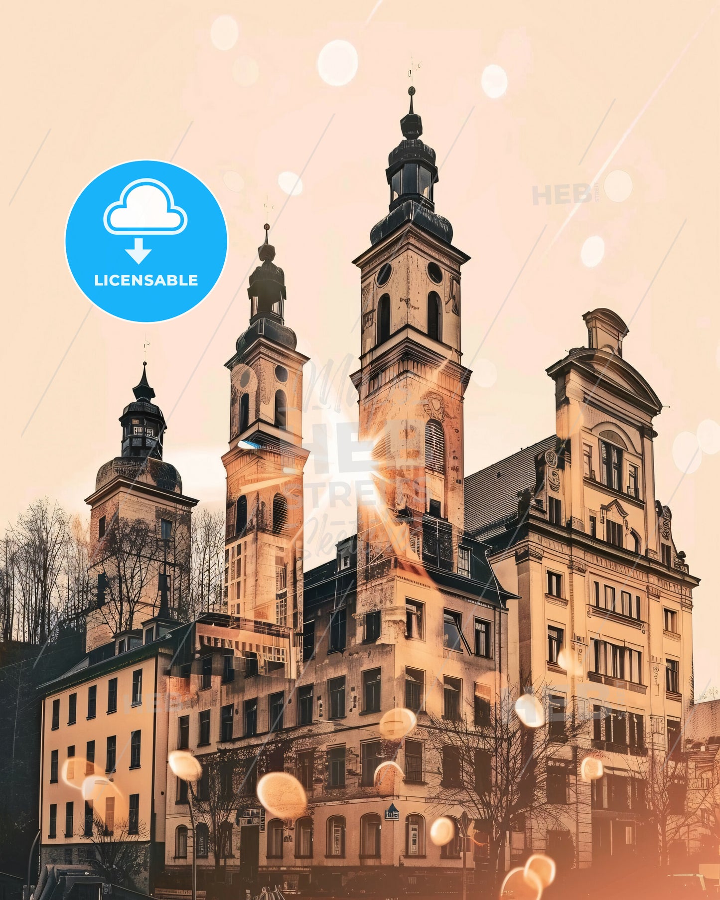 Chemnitz Skyline Art: Bright Beige Iconic City - A building with towers and a tree in the background