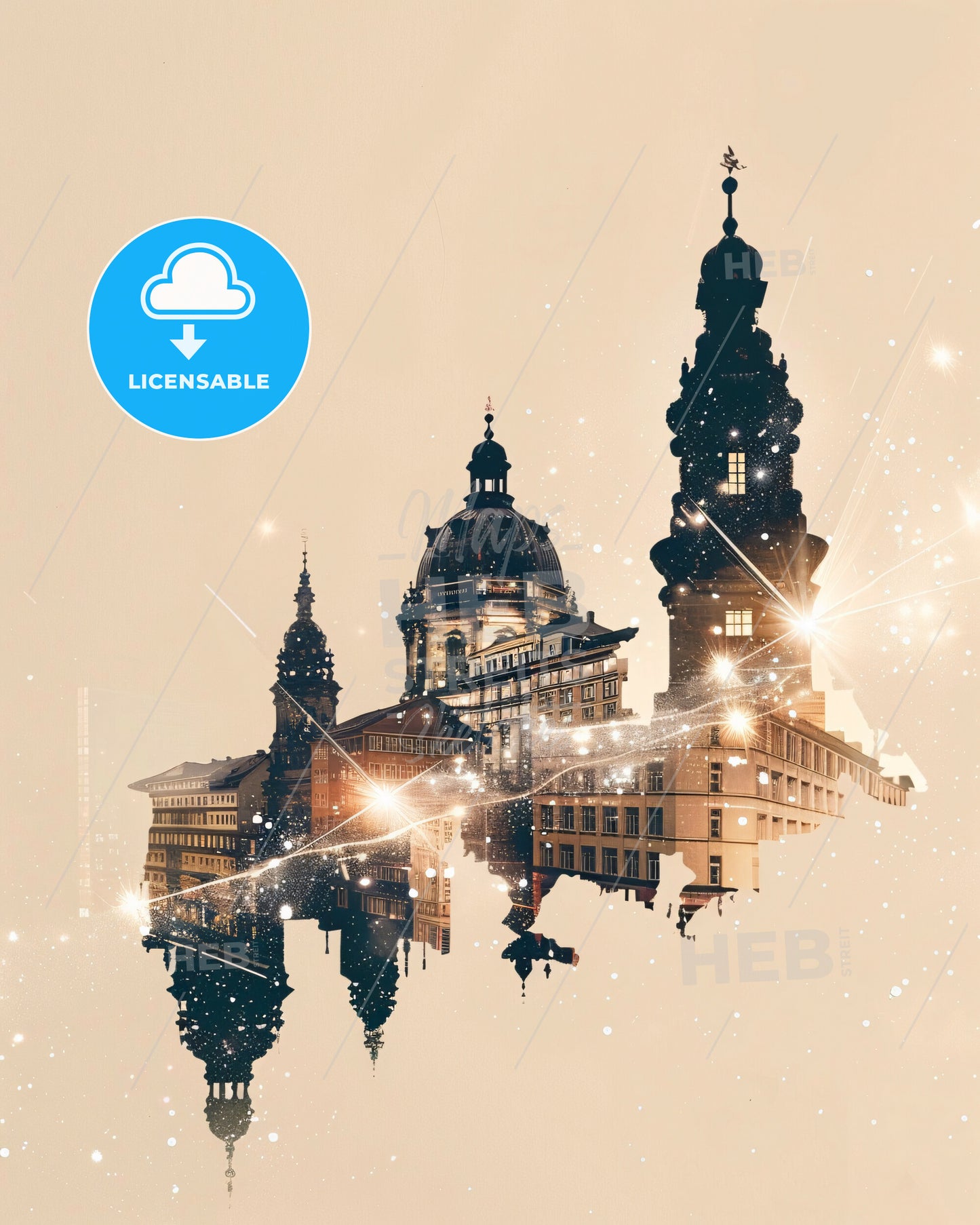 Chemnitz Skyline Bright Beige Composite Art Poster - A city skyline with a building and lights