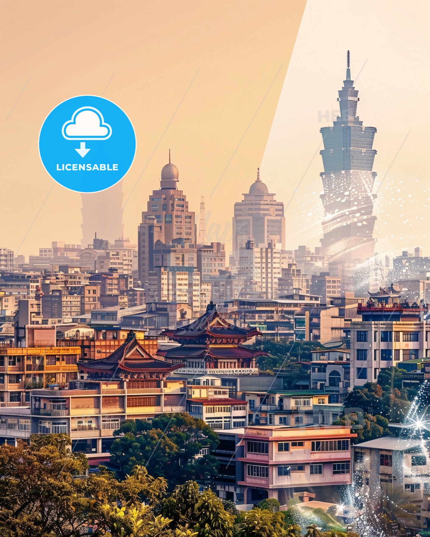 Chiayi City Skyline Double Exposure Poster - A city with many buildings