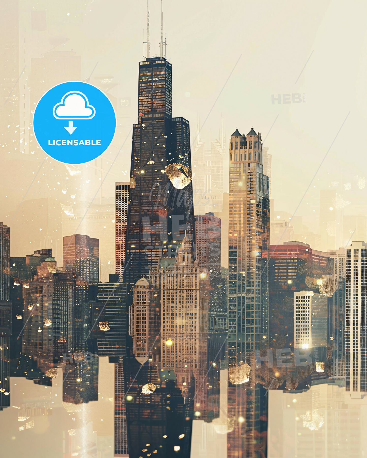 Chicago Skyline Art: Double Exposure Composite Cityscape - A city skyline with falling debris