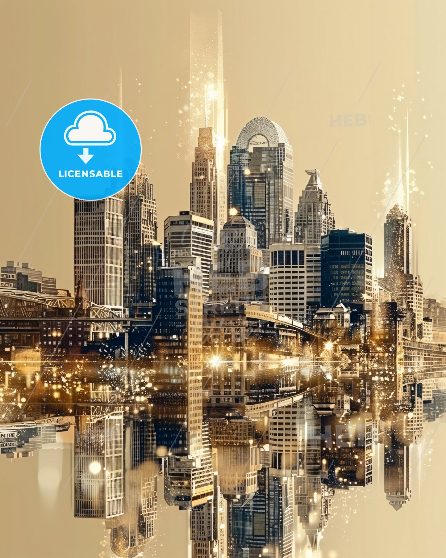 Cincinnati's Skyline Composite Art Glow - A city skyline with lights reflecting in water