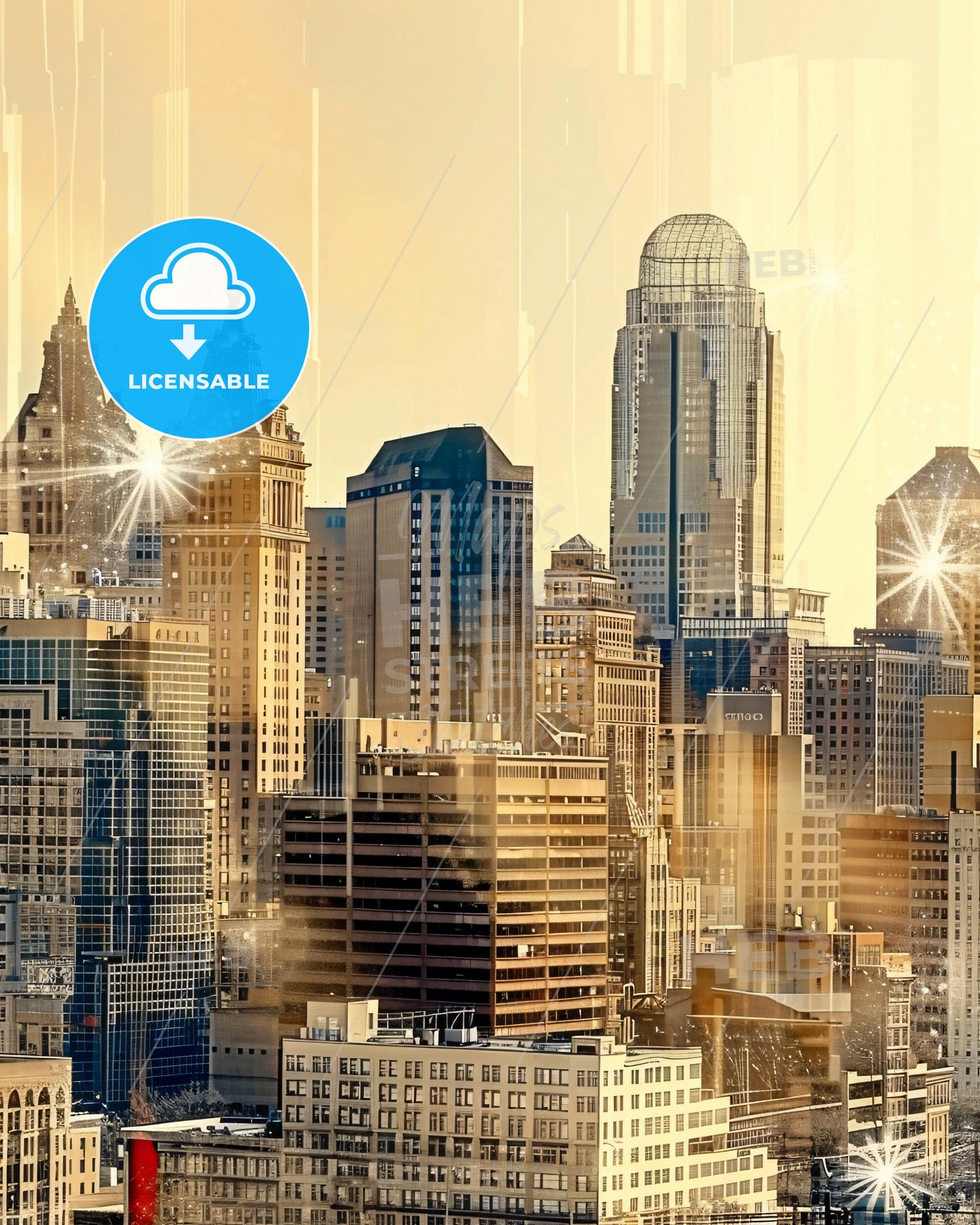 Cincinnati Skyline Double Exposure Art Poster - A city skyline with many tall buildings
