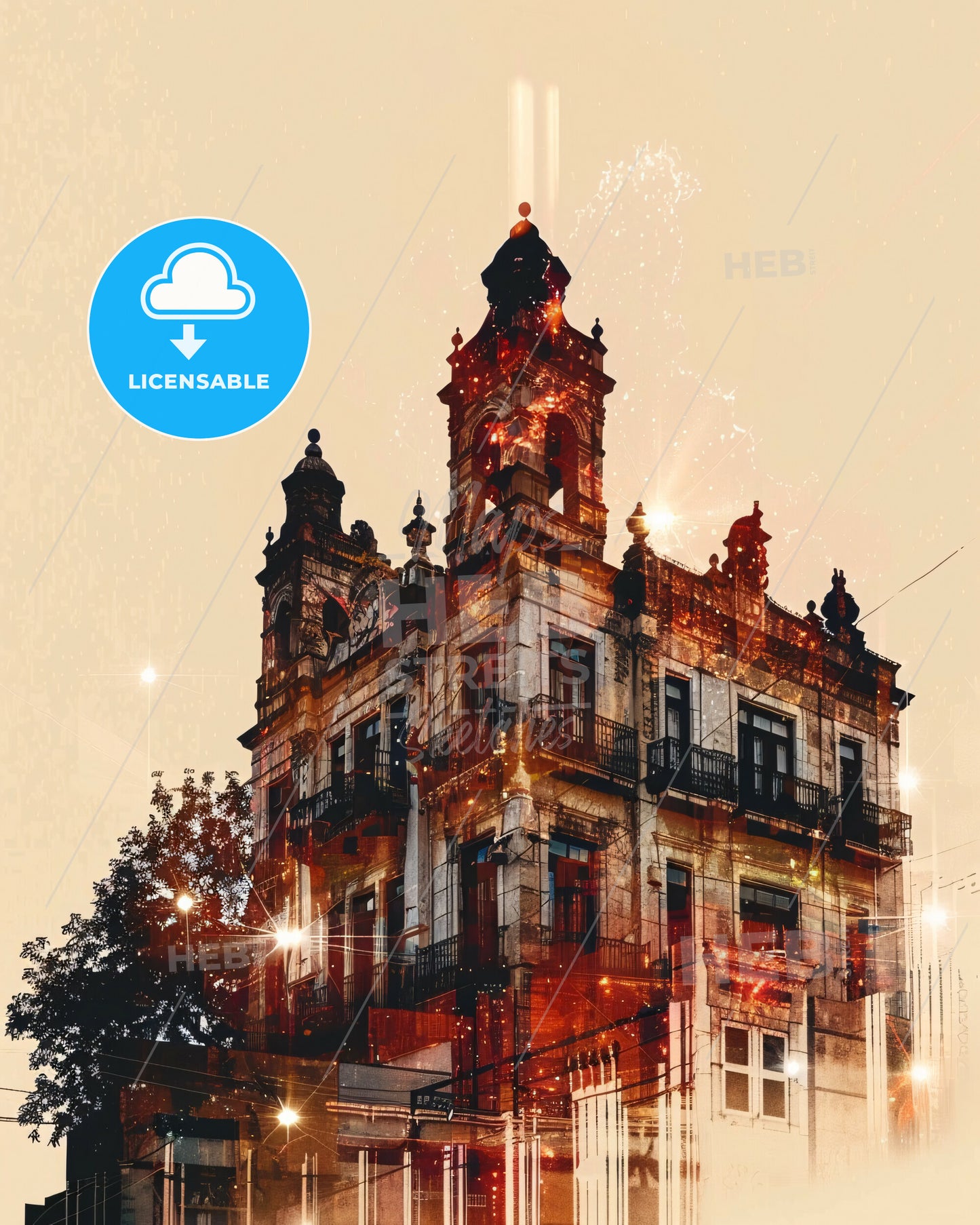 Ciudad López Mateos: Lights and Architecture Poster - A building with a tower and a tree