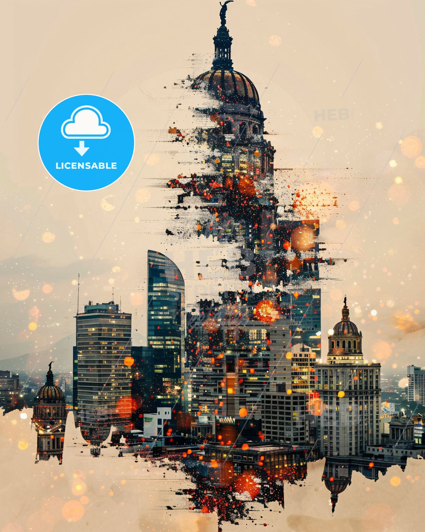 Ciudad Lopez Mateos Cityscape Artwork with Architectural Icons - A city skyline with a large dome and a tower