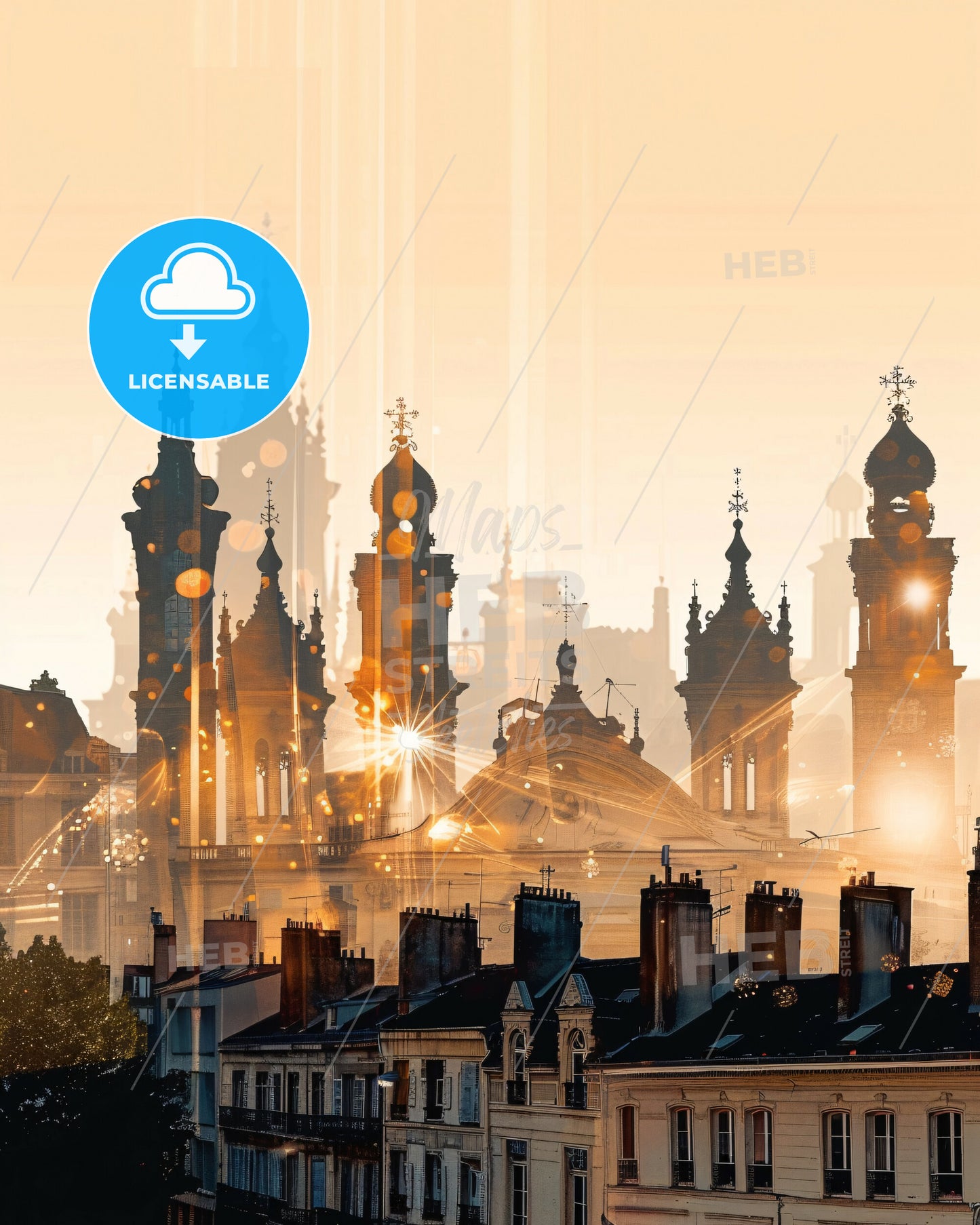 Clichy Skyline Art Poster: Beige Elegance with Sparkles - A city skyline with many spires and towers