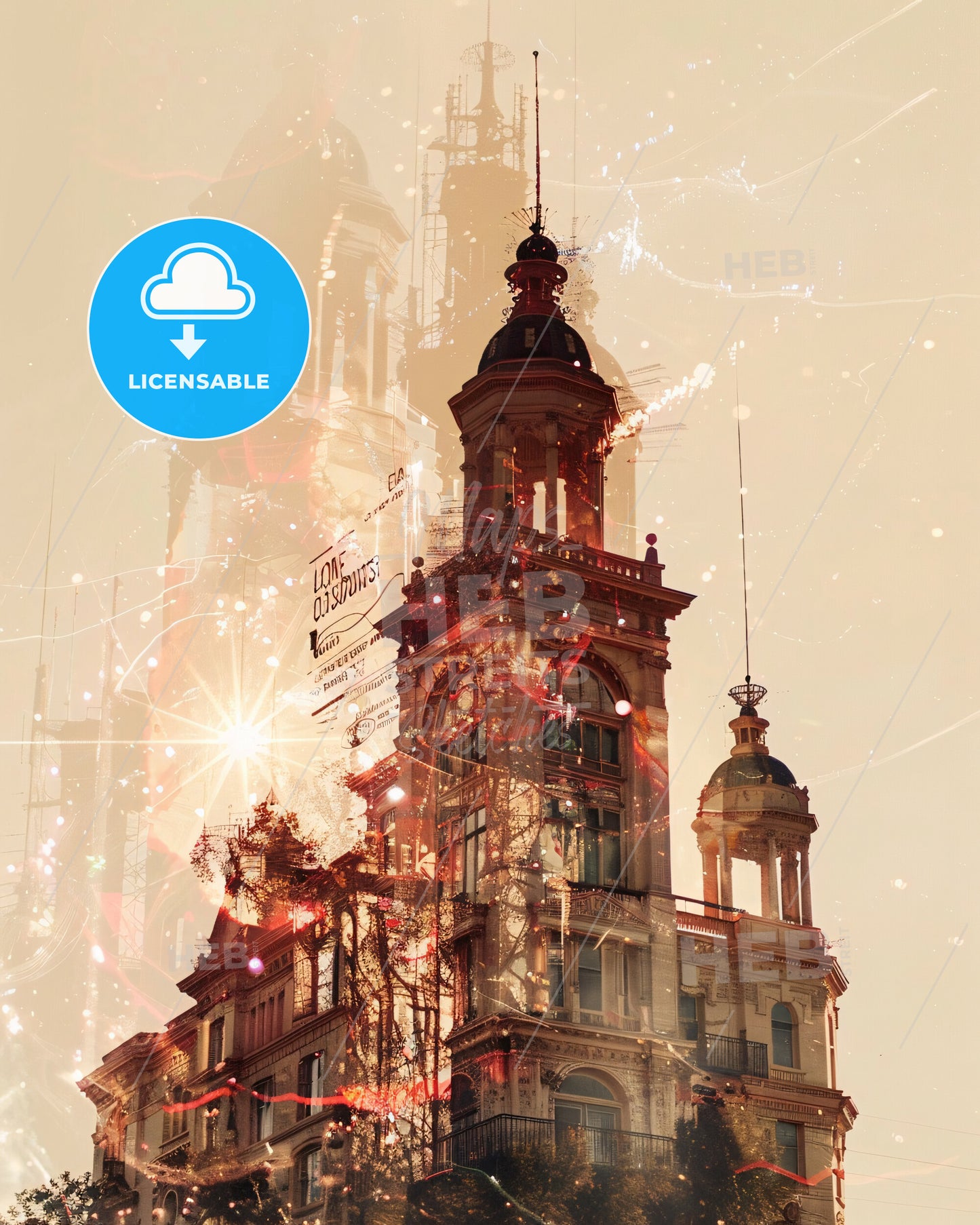 Clovis California City Skyline Art Deco Poster - A building with a tower and a sign