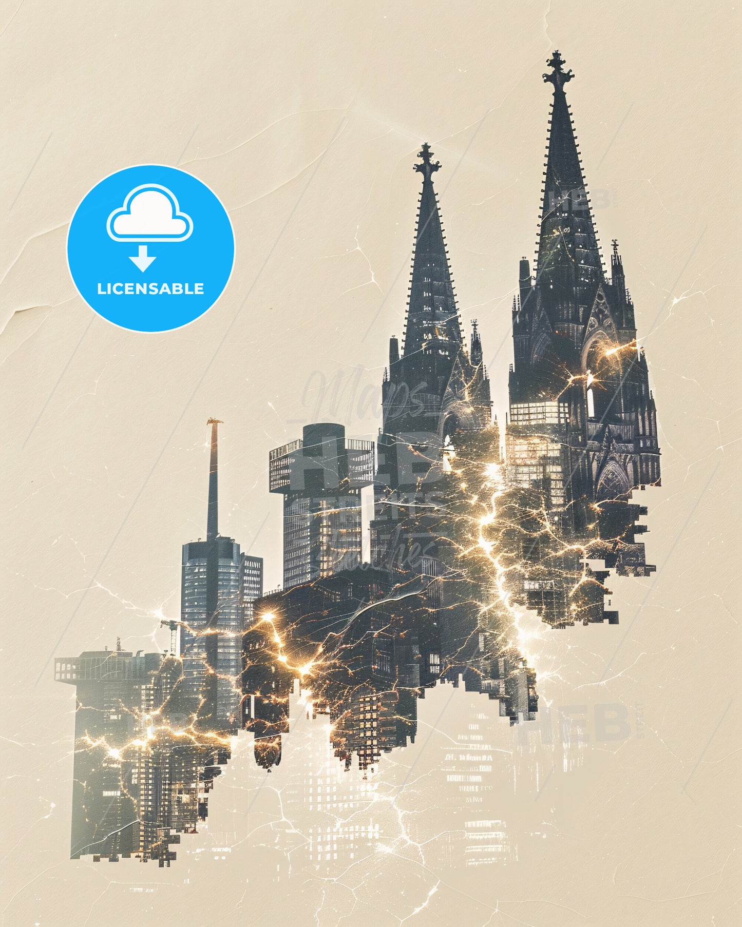 Cologne Skyline Bright Beige Double Exposure Poster - A city with lightning coming out of it