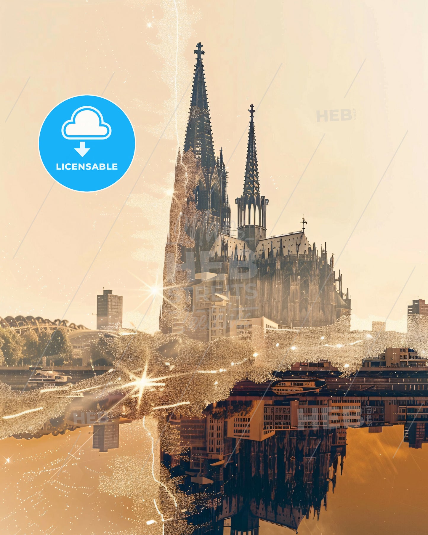 Cologne Skyline on Beige with Sparkle - A city with a castle
