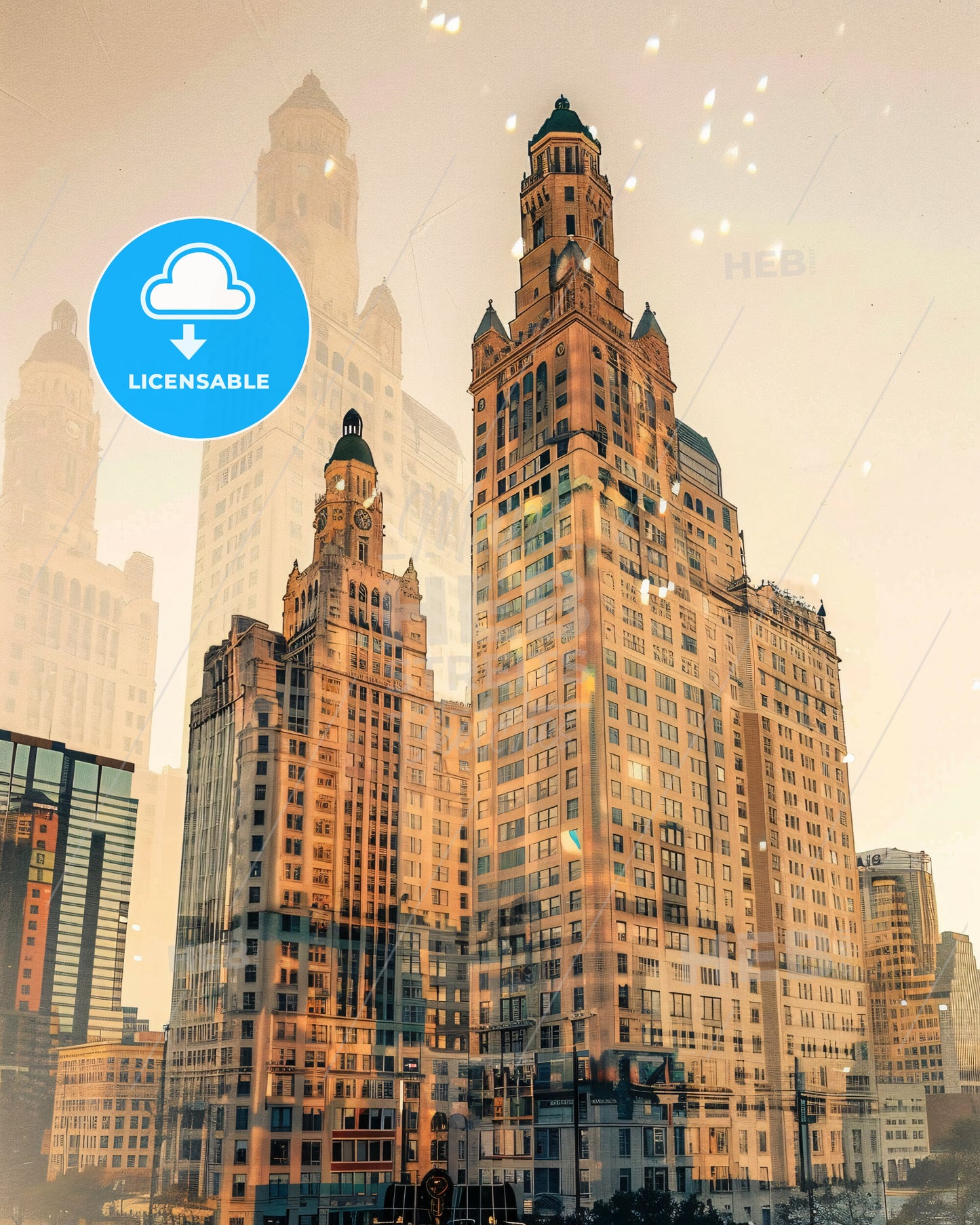 Columbus City Skyline Moonlight Poster Art - A group of tall buildings with Royal Liver Building in the background