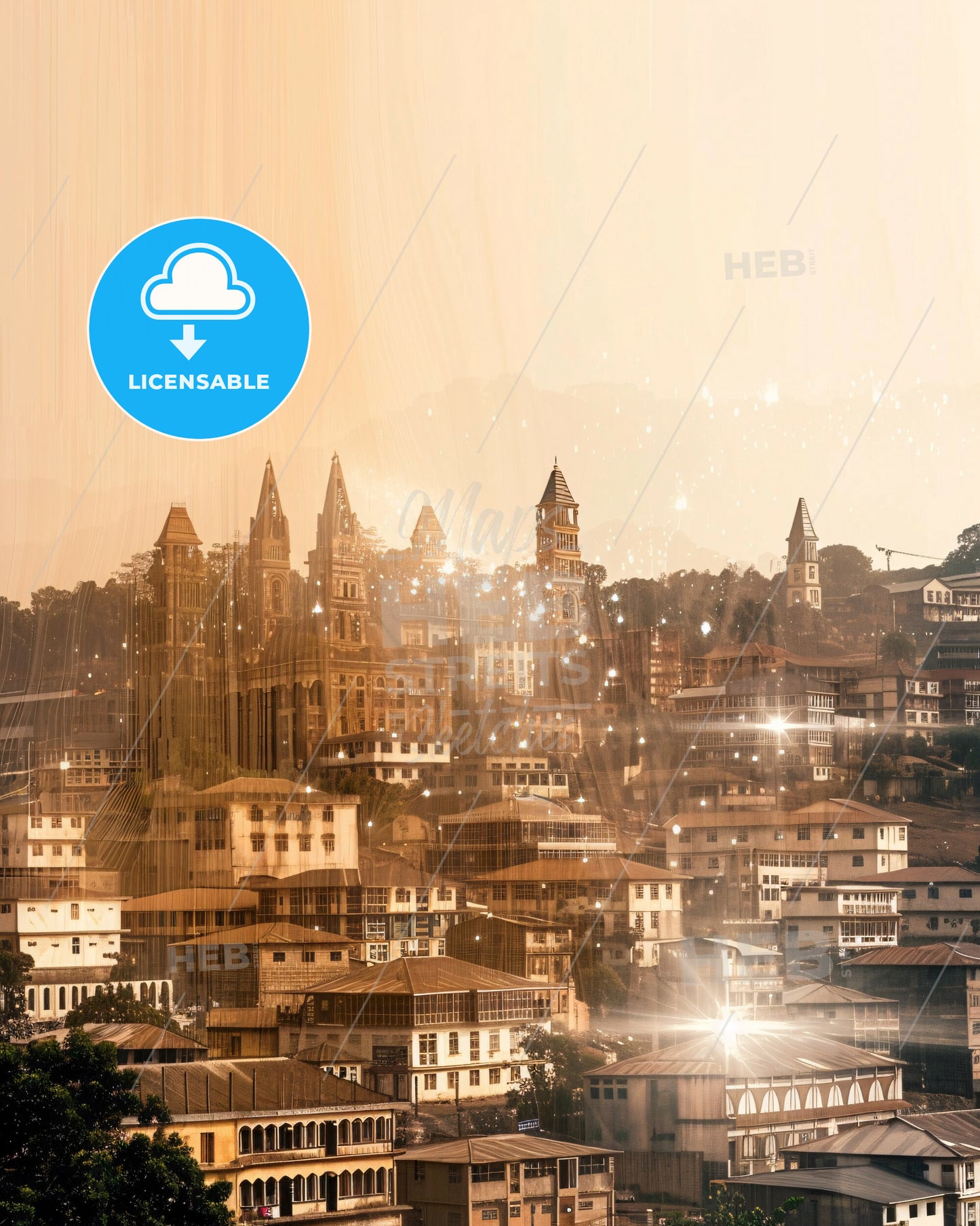 Conakry: Double Exposure City Icon Skyline Art - A city with many buildings