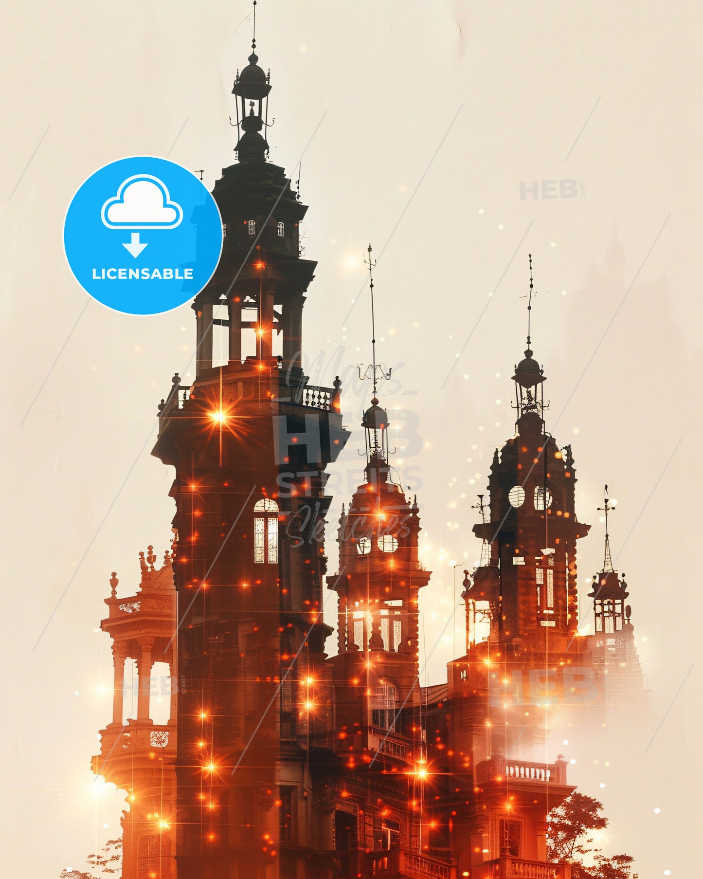 Cotonou Skyline Subtile Backlight Sparkle Art - A building with towers and lights