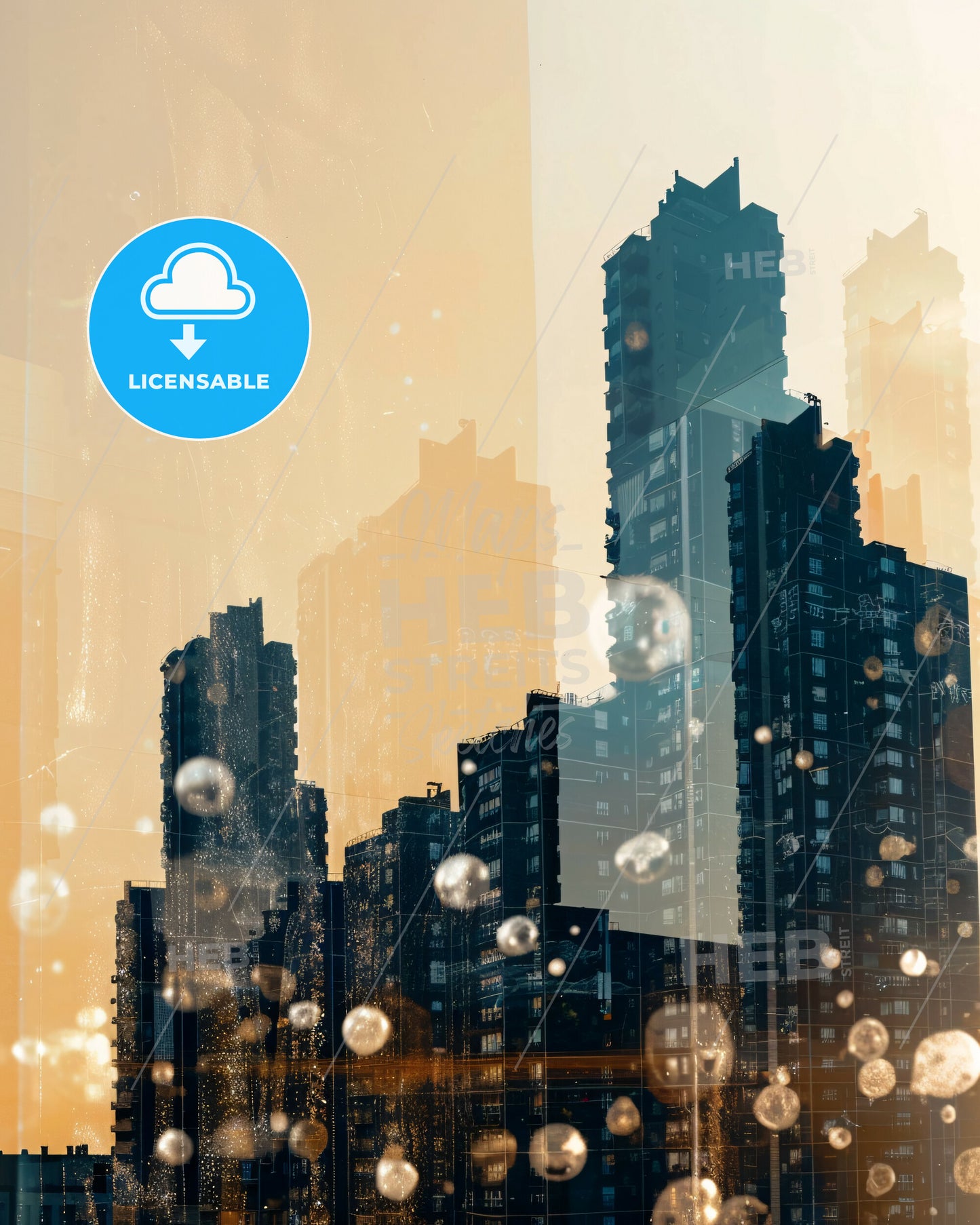 Courbevoie Double Exposure Skyline Composite Art Poster - A city skyline with bubbles
