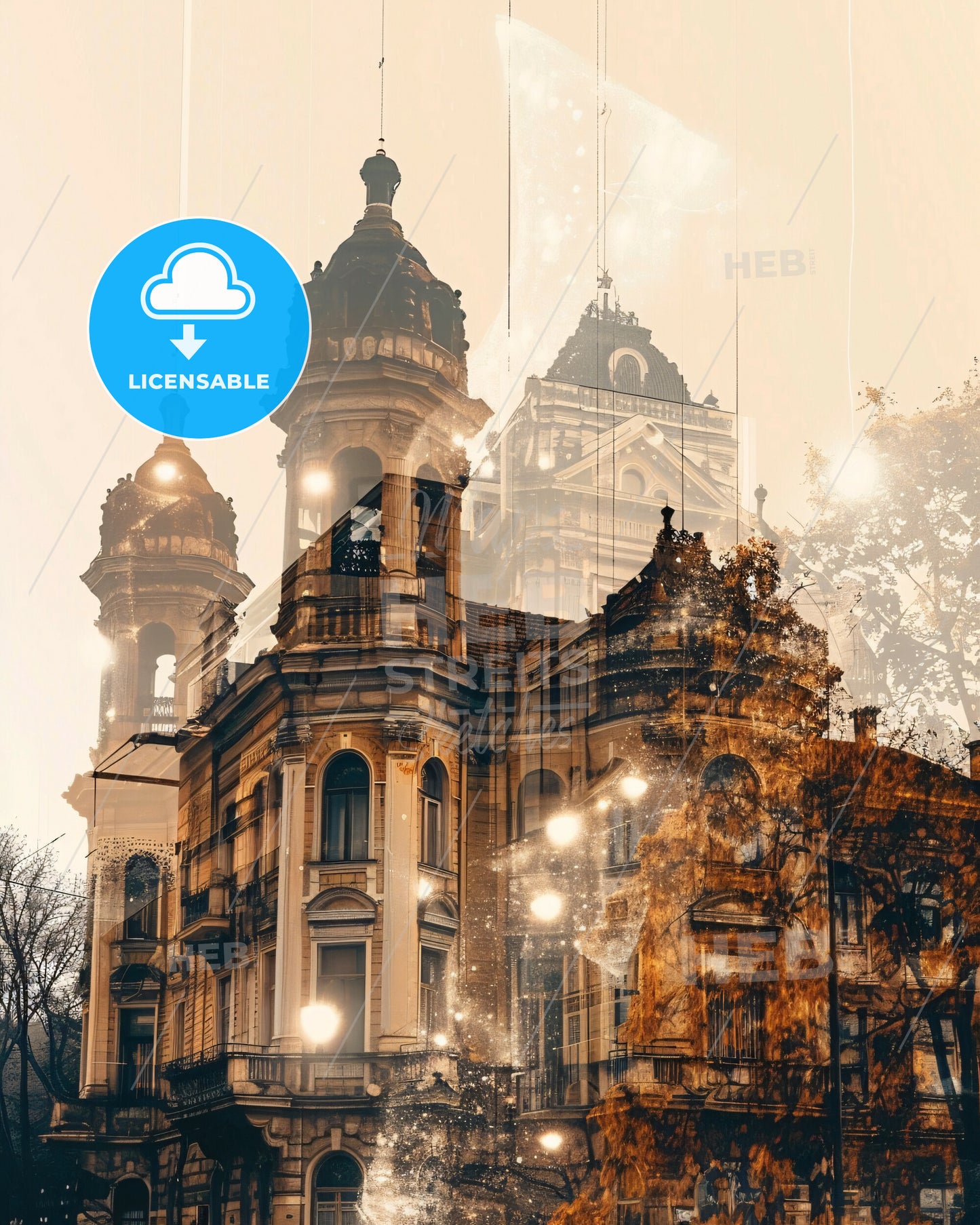 Craiova City Skyline Majestic Double Exposure - A building with a tower and trees