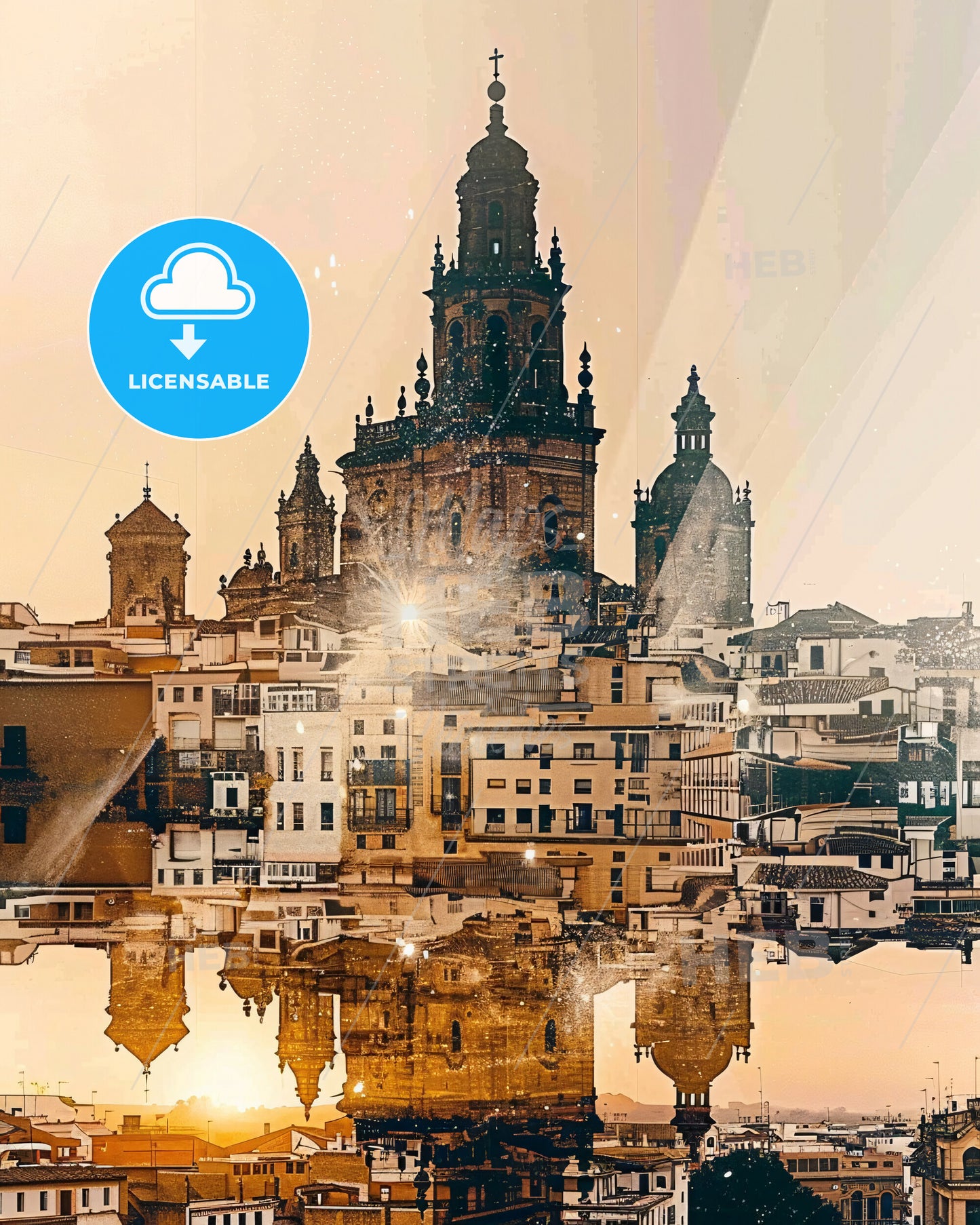 Cordoba Skyline Double Exposure Art Poster - A building with a tower and a body of water