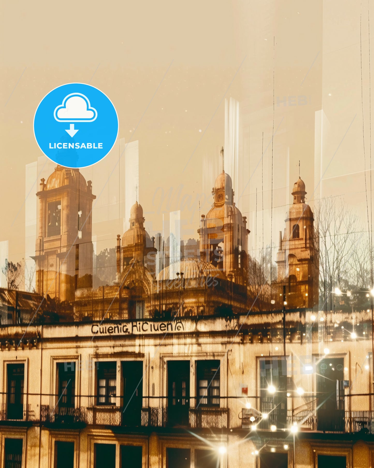 Cuenca Skyline: Local Icons in Double Exposure - A building with towers and a fence