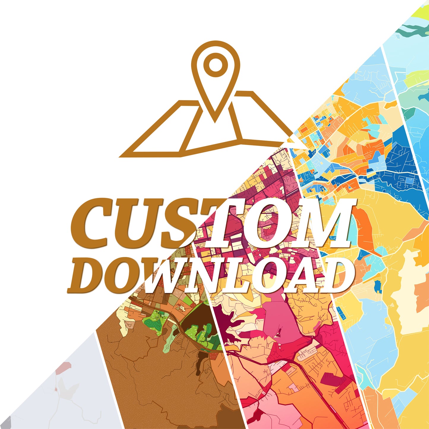 Colorful map design with 'Custom Download' text and a map icon on a white background.