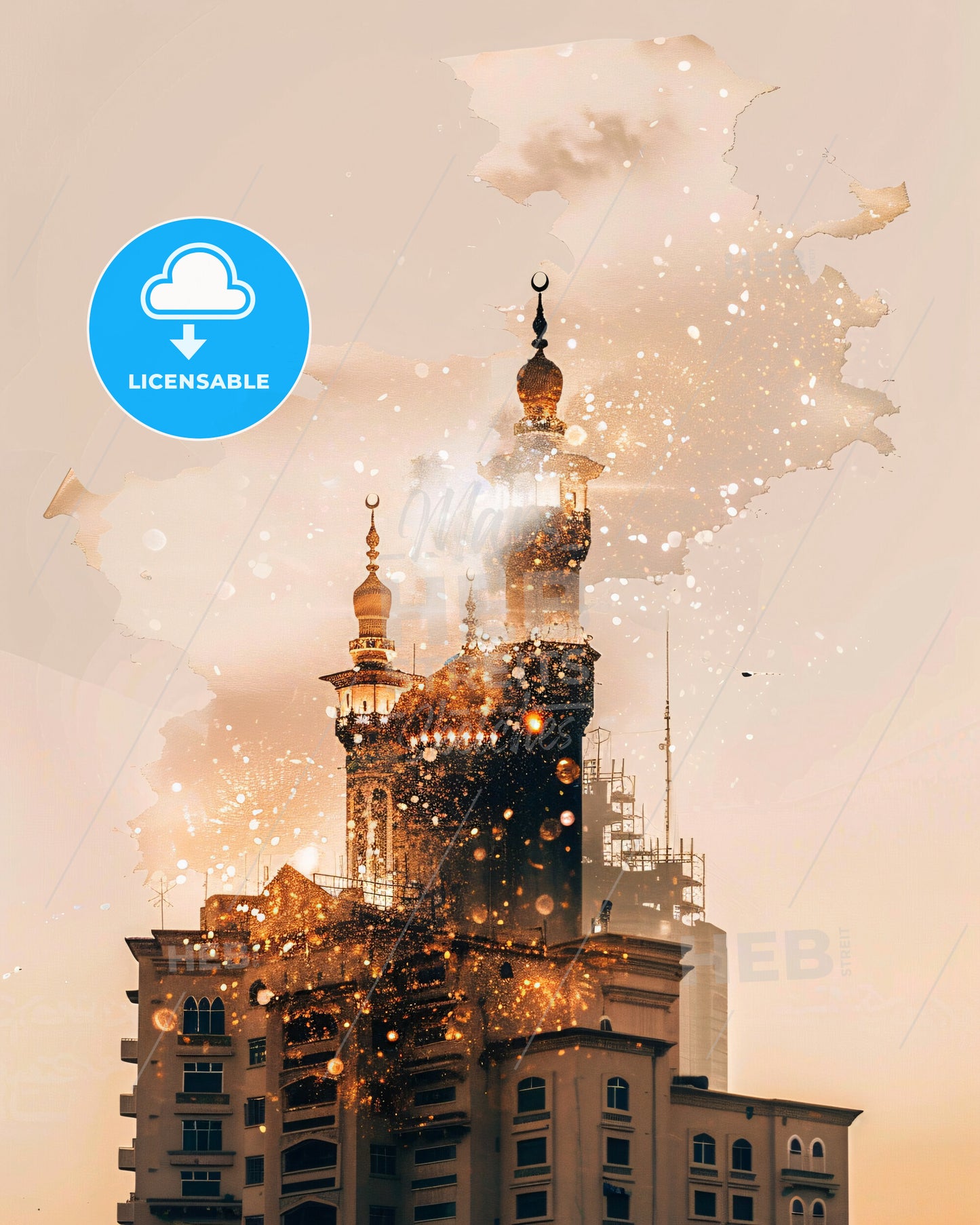 Dammam City Skyline Double Exposure Art Poster - A building with a moon on top